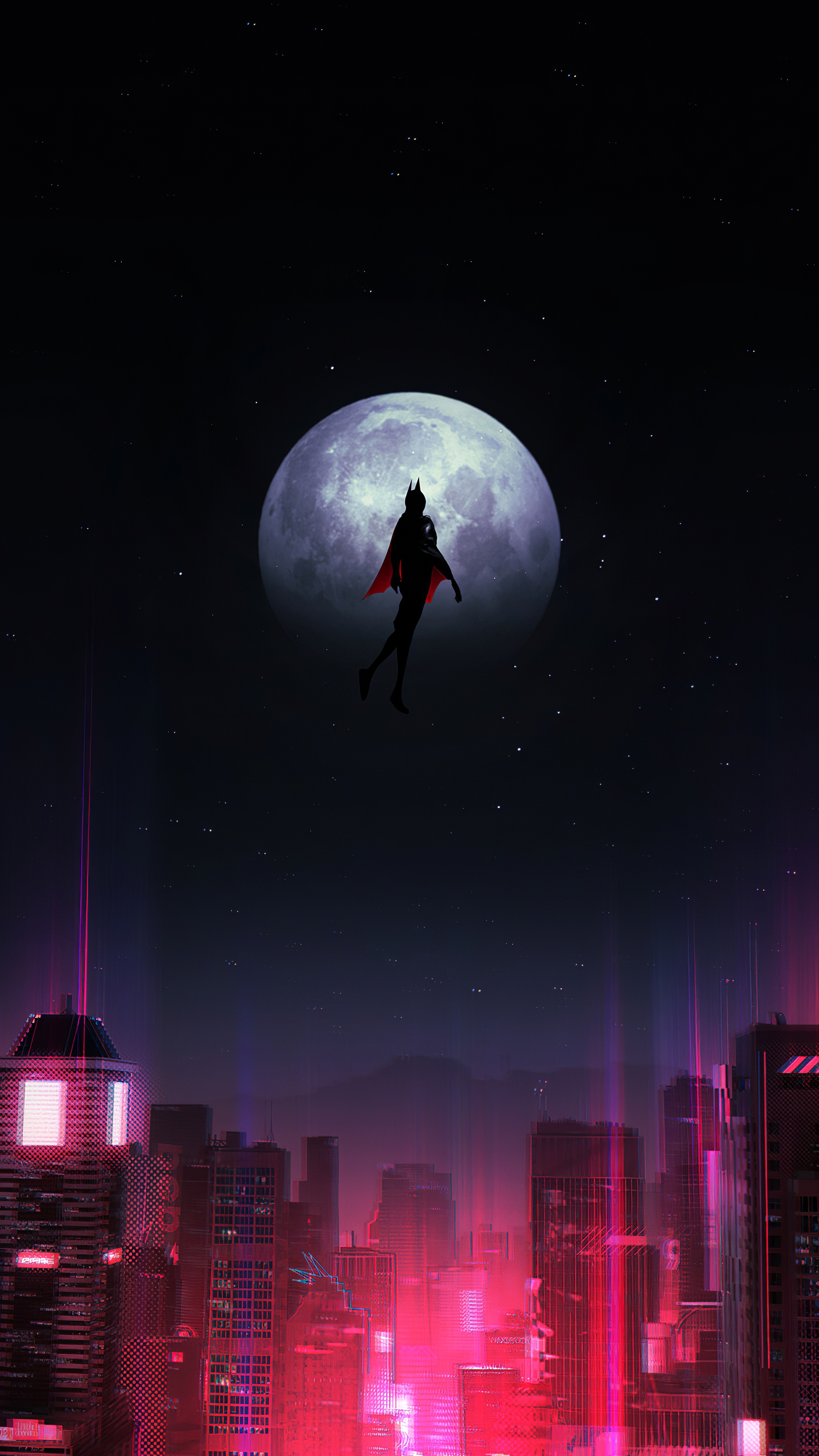 Batman flying in front of the moon over a neon city HD Phone Wallpaper