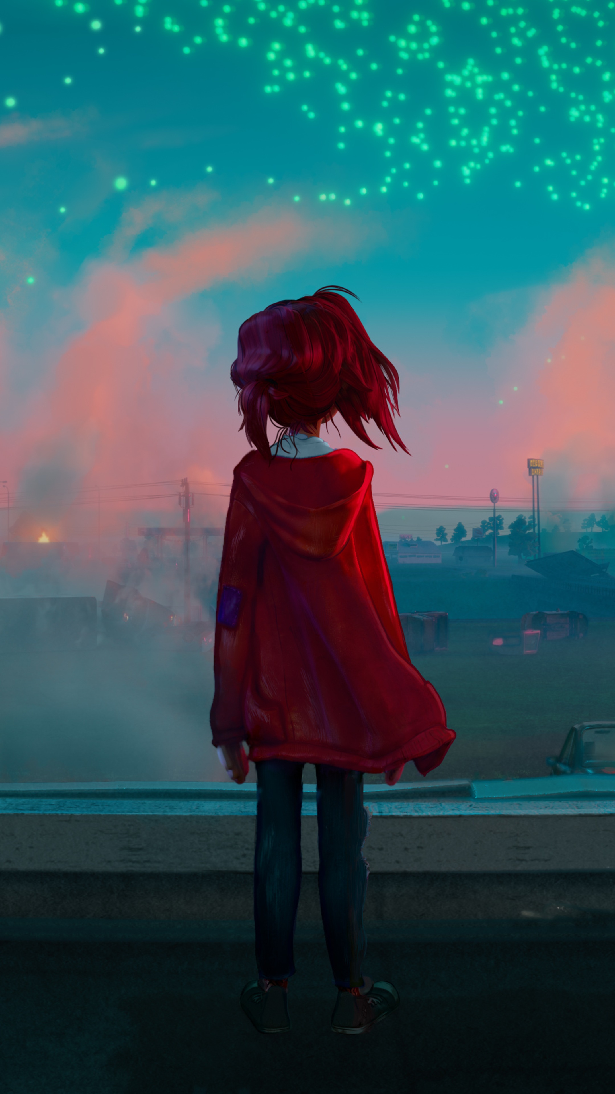 Girl in red hoodie looking at green lights in the sky HD Phone Wallpaper