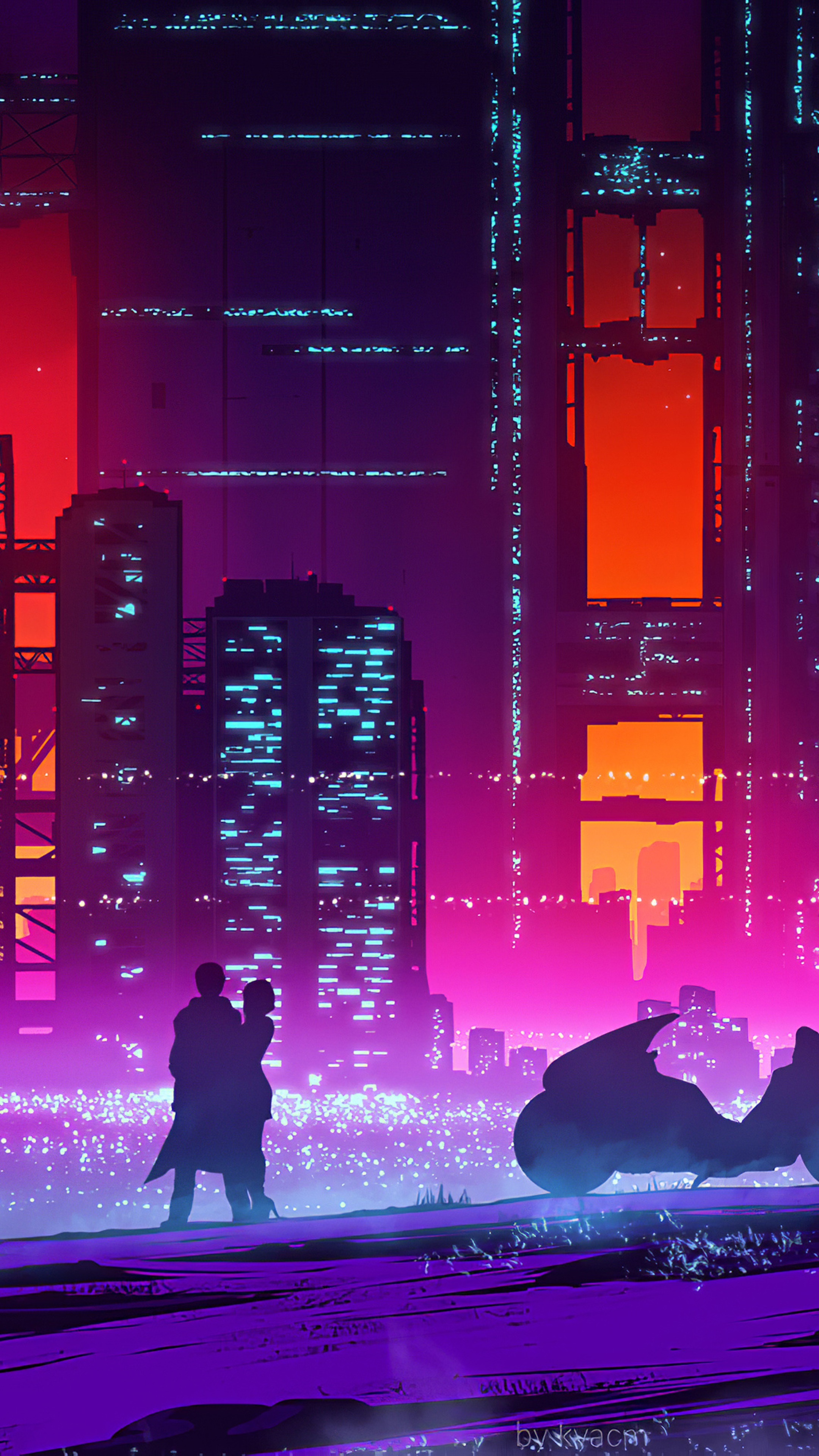 Couple Embracing in a Neon Cyberpunk Cityscape HD Phone Wallpaper
