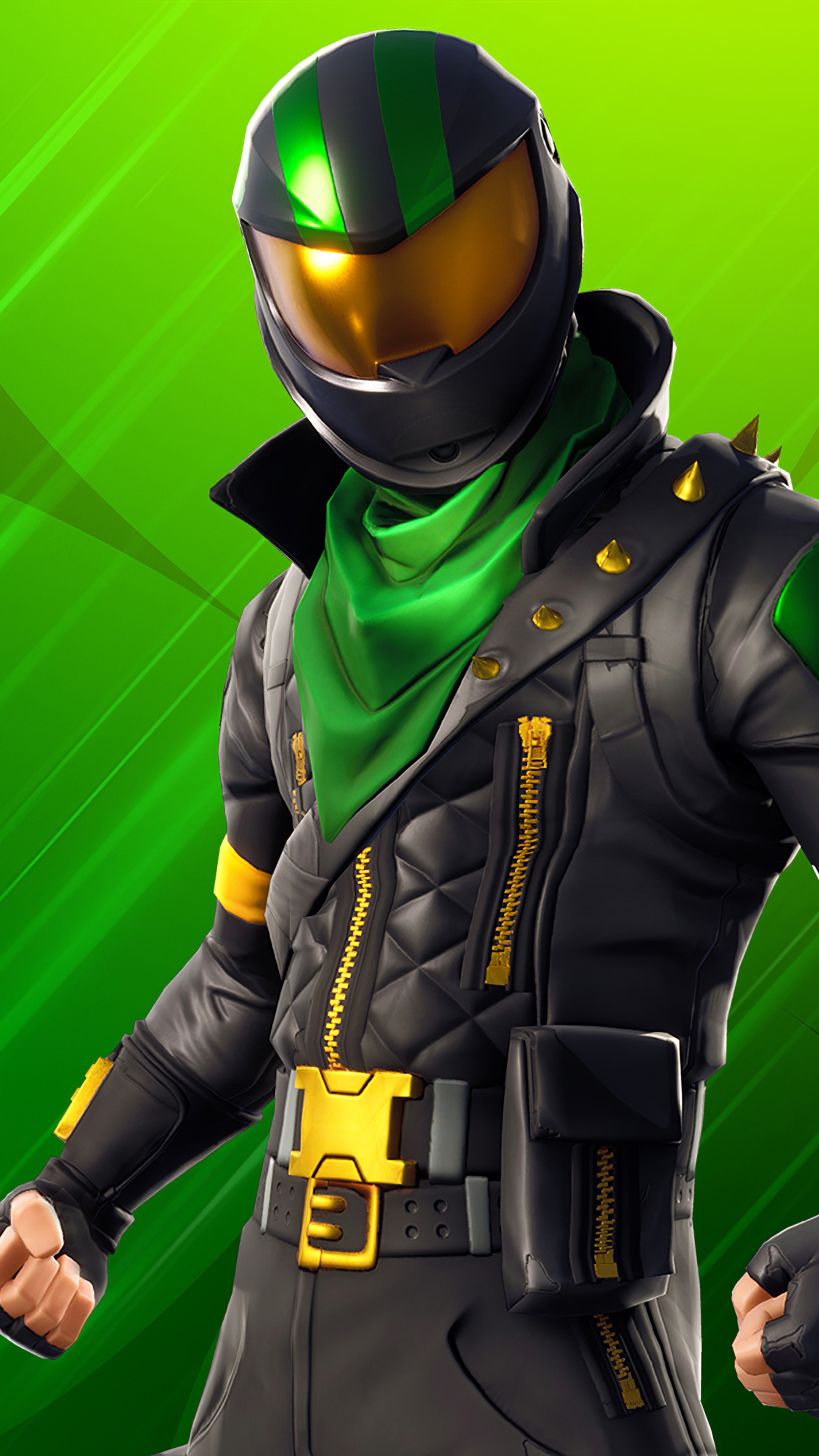 Fortnite character with green scarf and helmet HD Phone Wallpaper