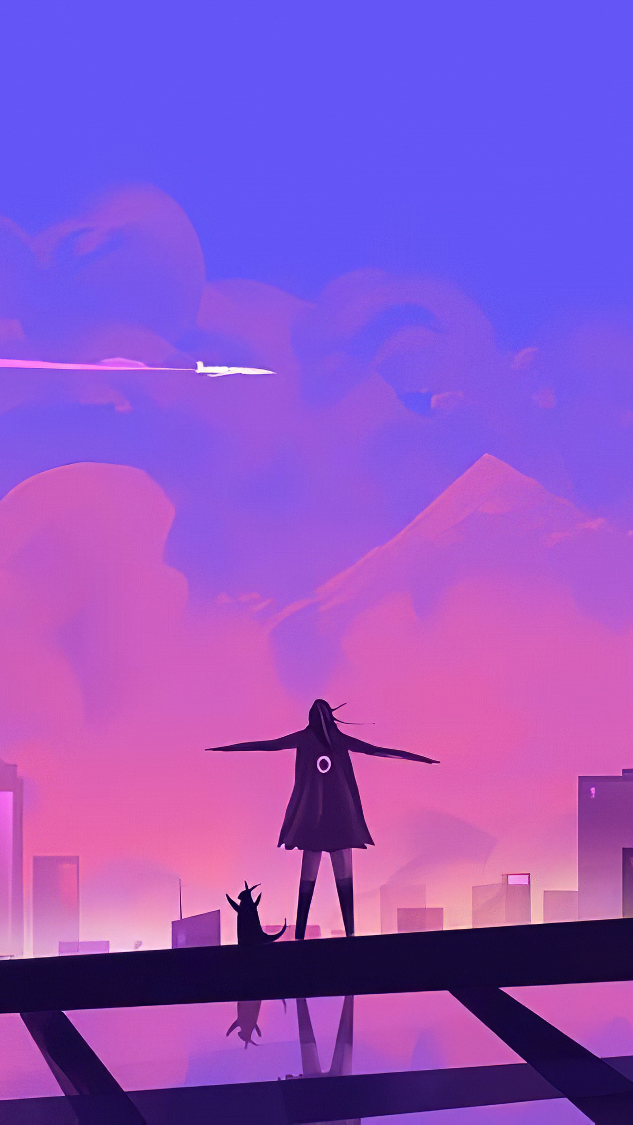 Person and creature on rooftop with airplane HD Phone Wallpaper
