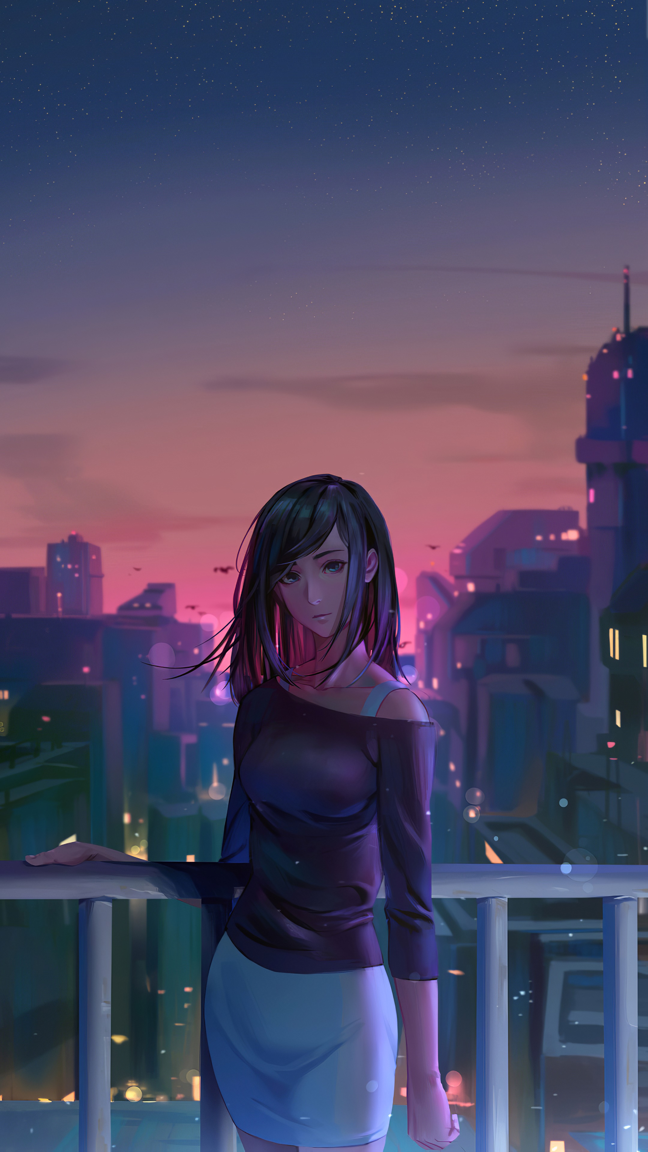Anime girl on a balcony overlooking a city at dusk HD Phone Wallpaper