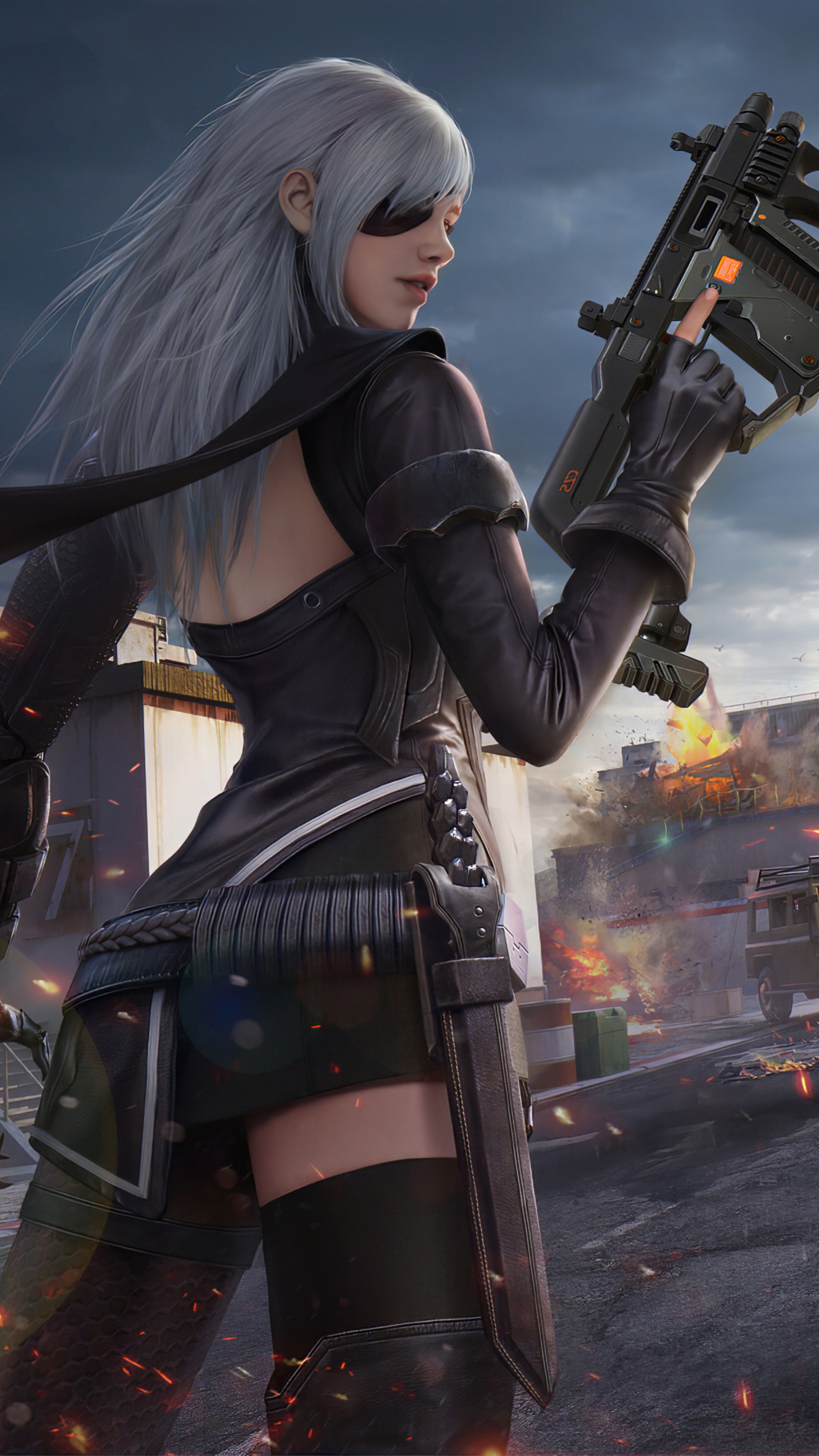 Woman with gun in a war-torn city 4K HD Phone Wallpaper
