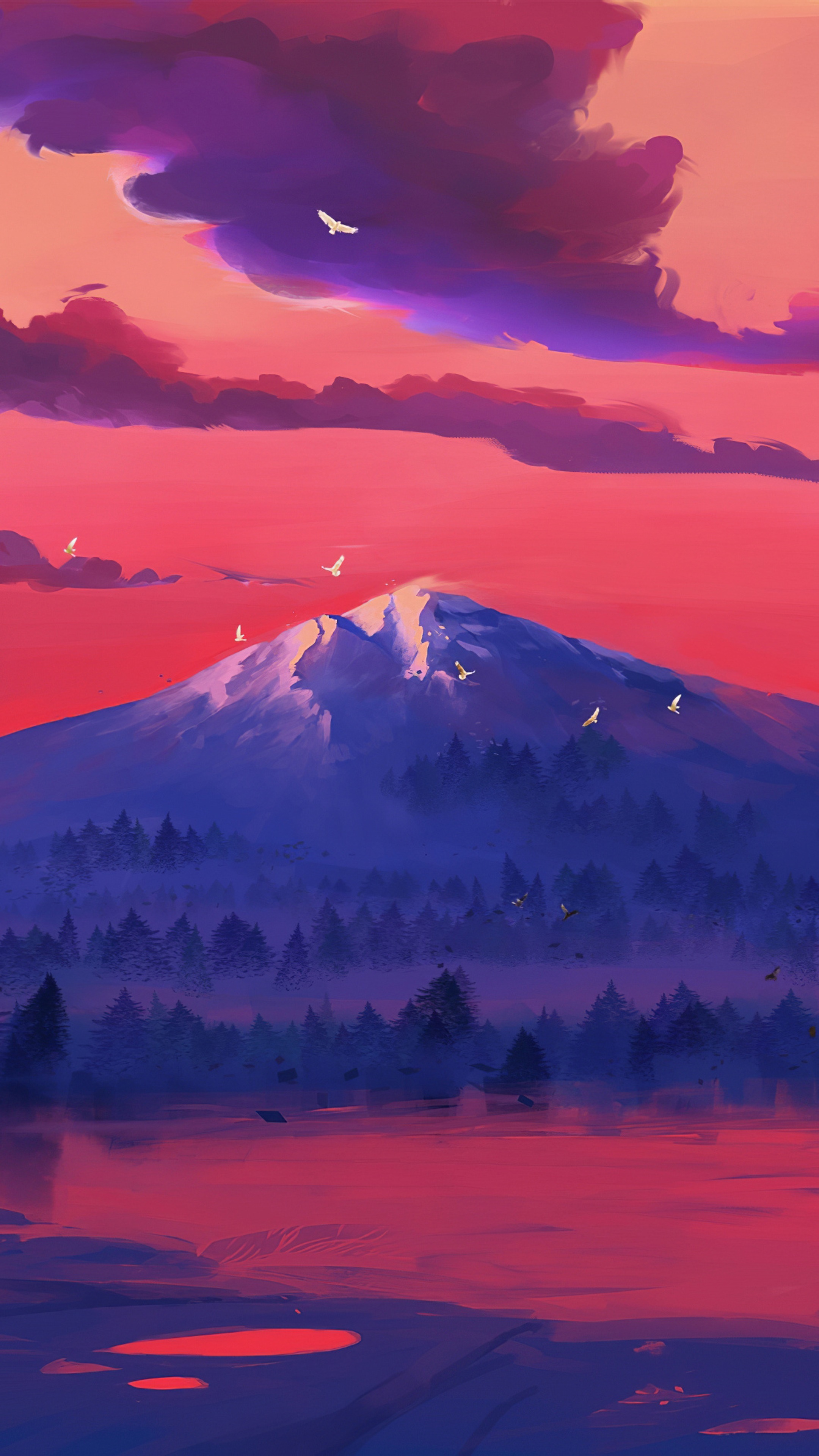 Minimalist digital art of a mountain range at sunset HD Phone Wallpaper