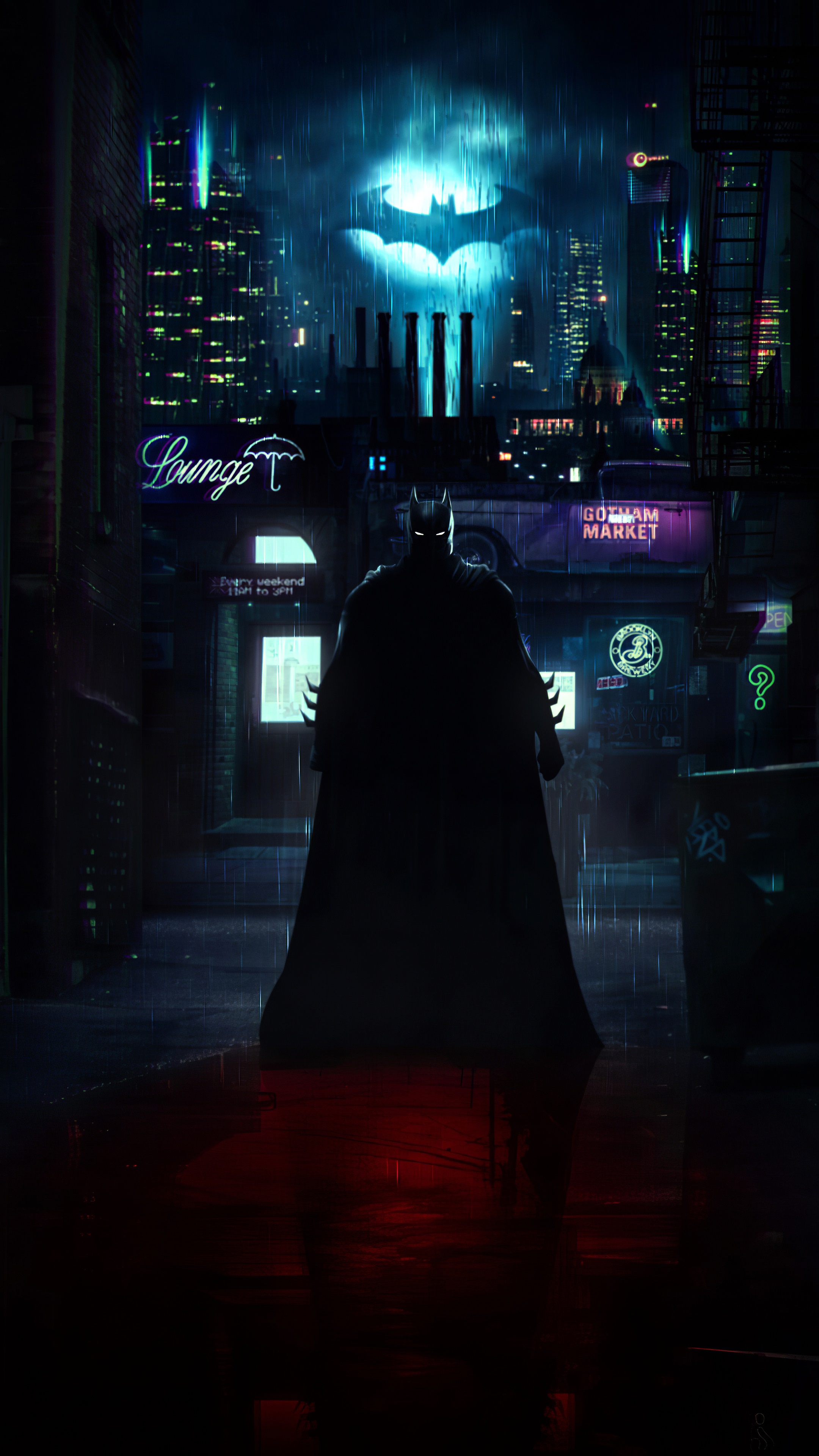 Batman in Gotham City alley at night HD Phone Wallpaper