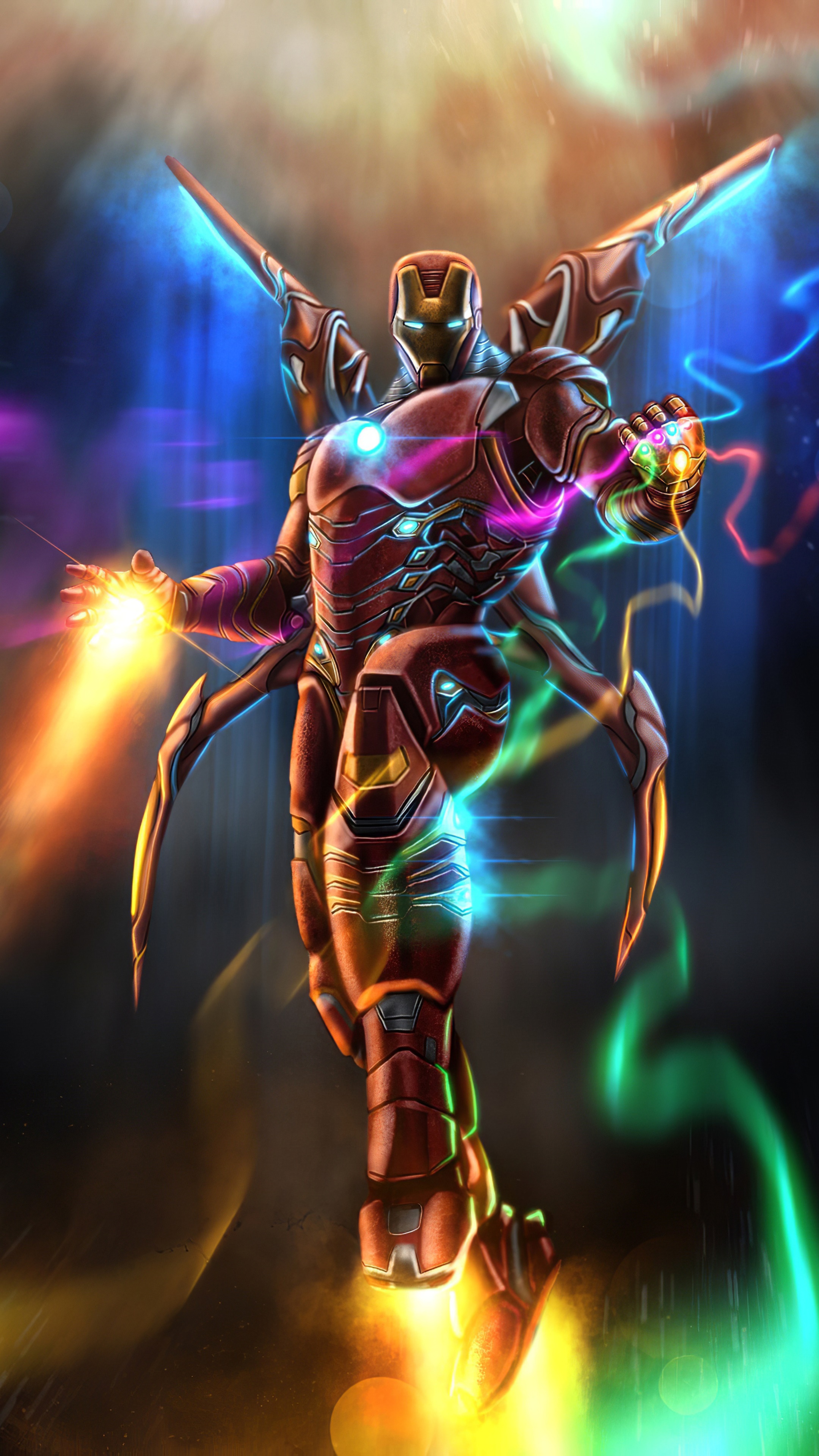 Iron Man with Infinity Gauntlet and energy wings HD Phone Wallpaper