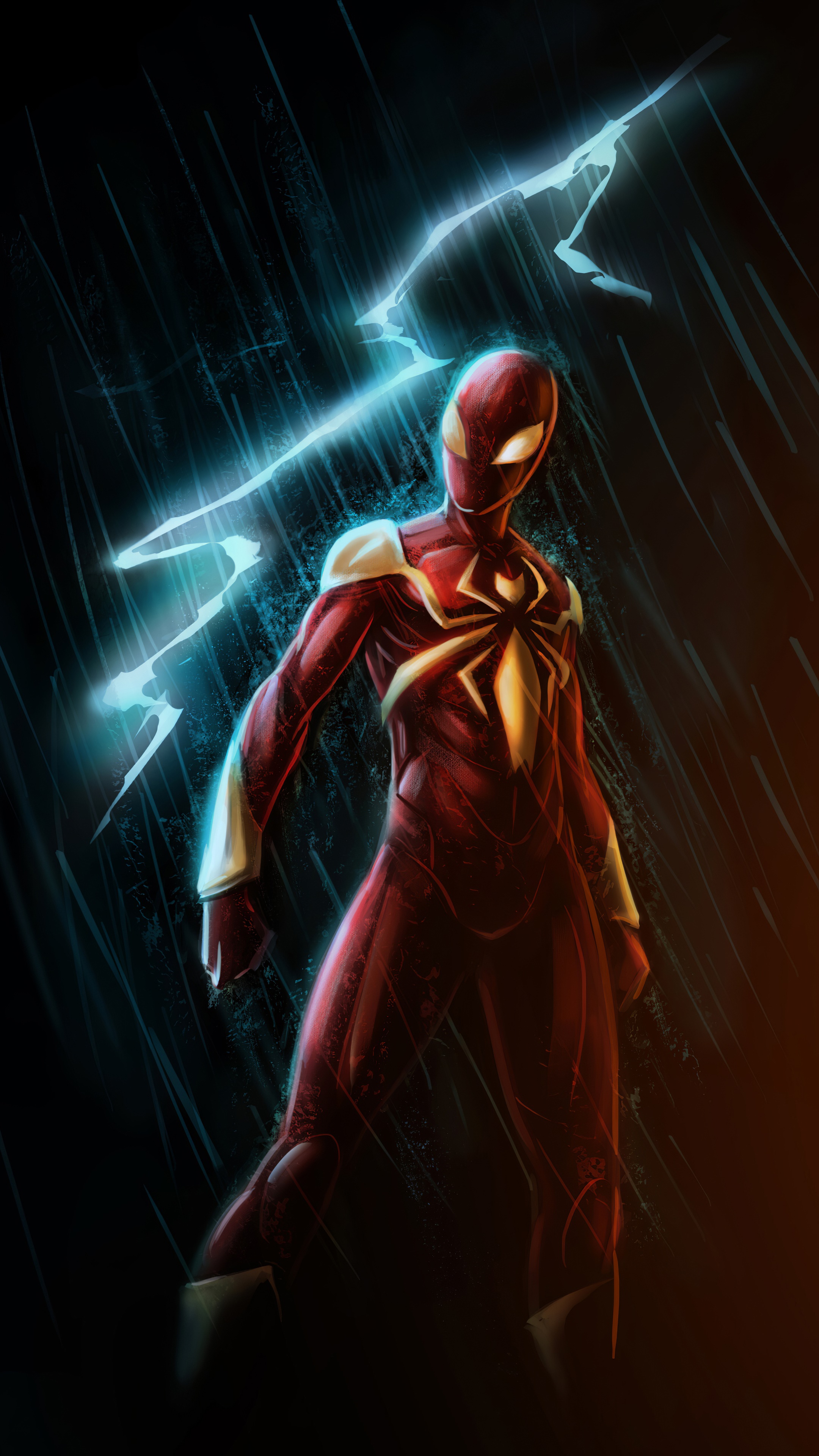 Spider-Man in a red and gold suit with lightning HD Phone Wallpaper