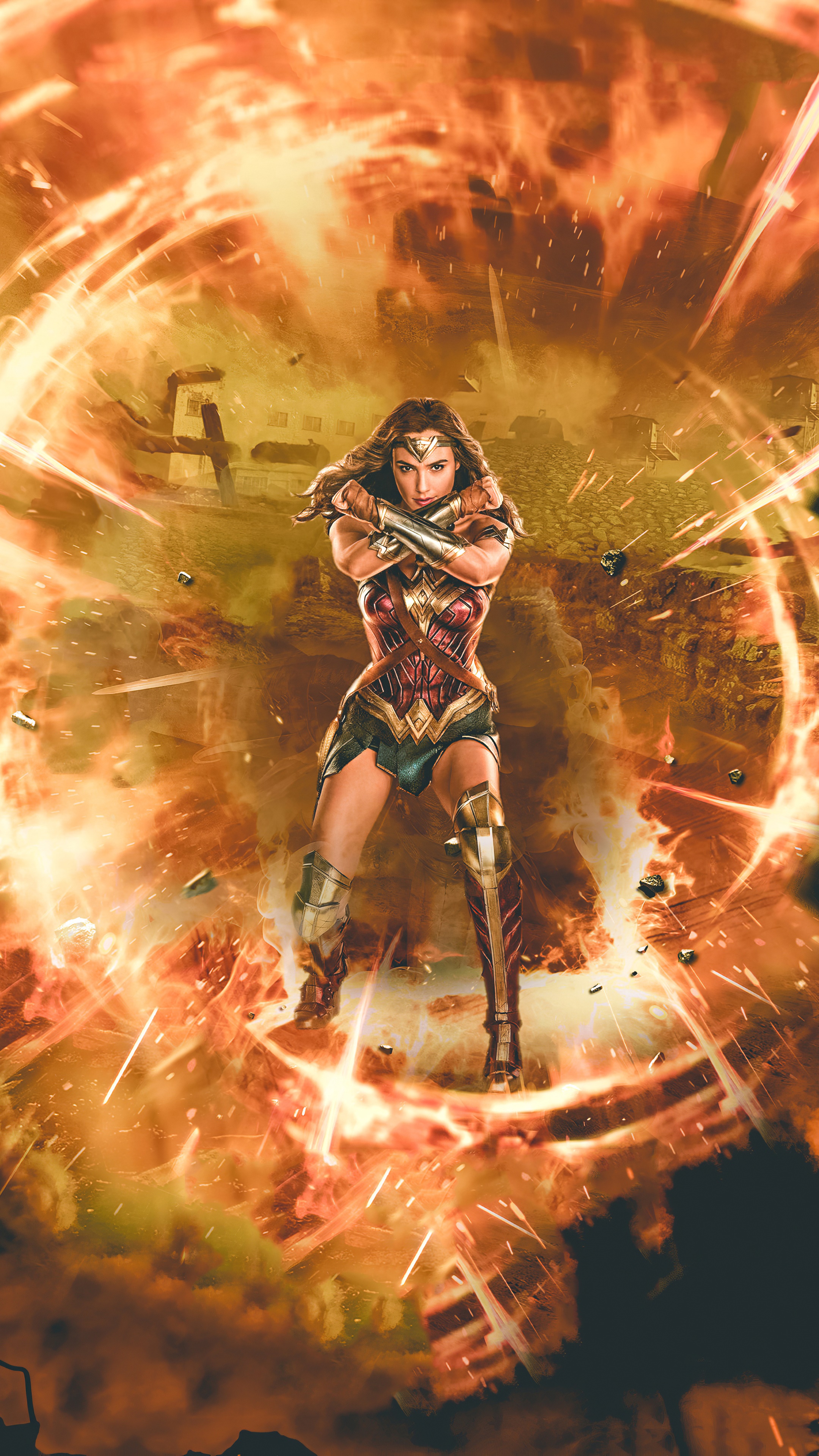 Wonder Woman in a fiery explosion HD Phone Wallpaper