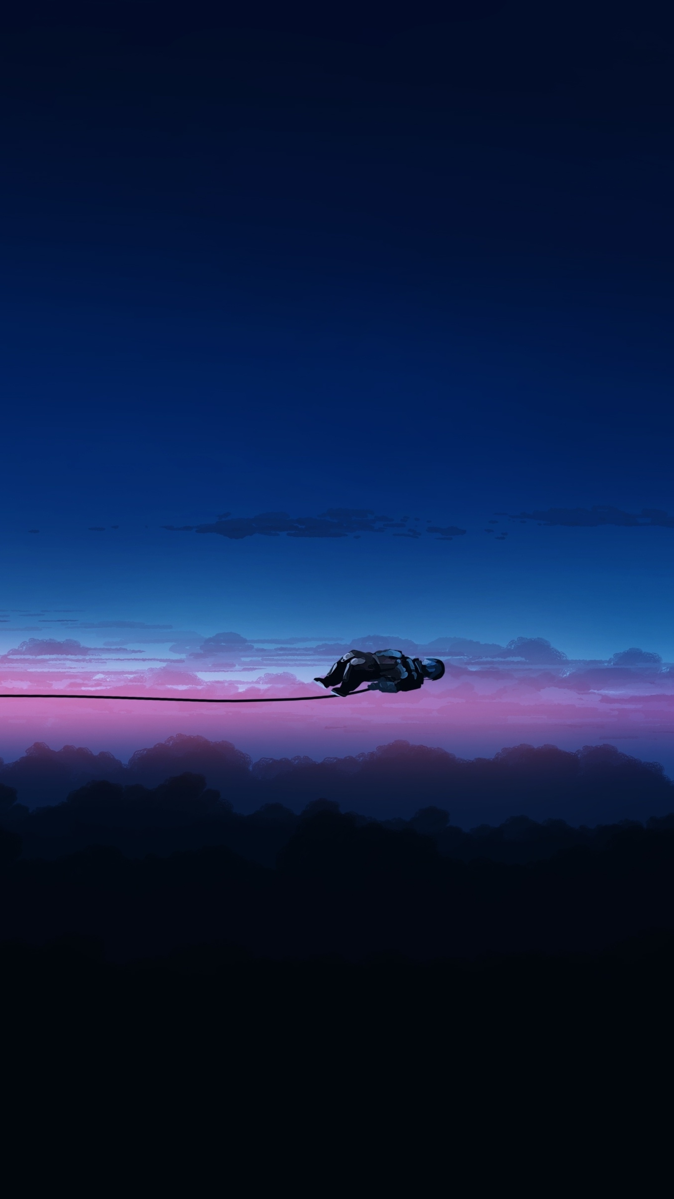 Astronaut floating on a wire above clouds HD Phone Wallpaper