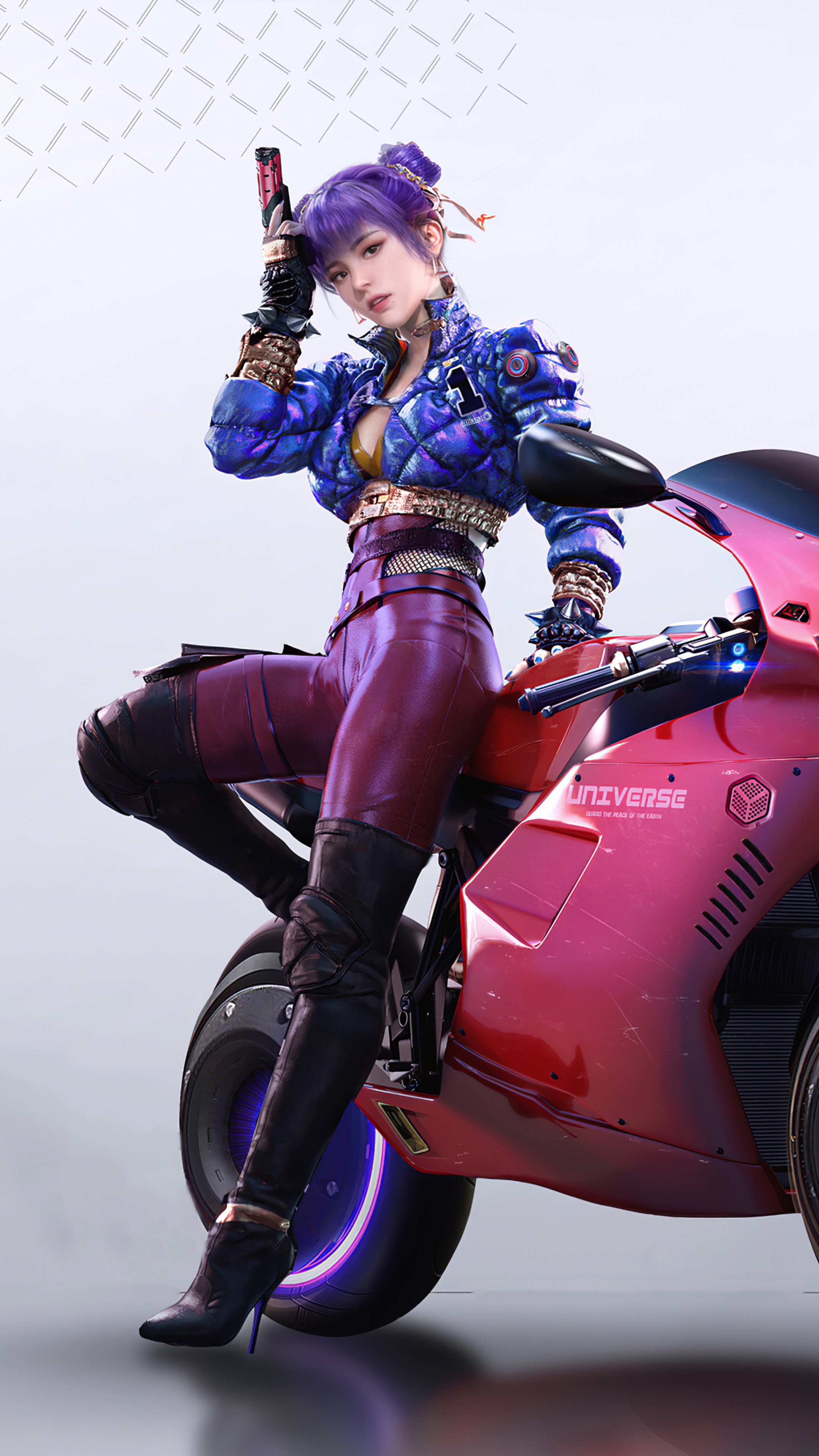 Artwork of a woman with purple hair on a motorcycle HD Phone Wallpaper
