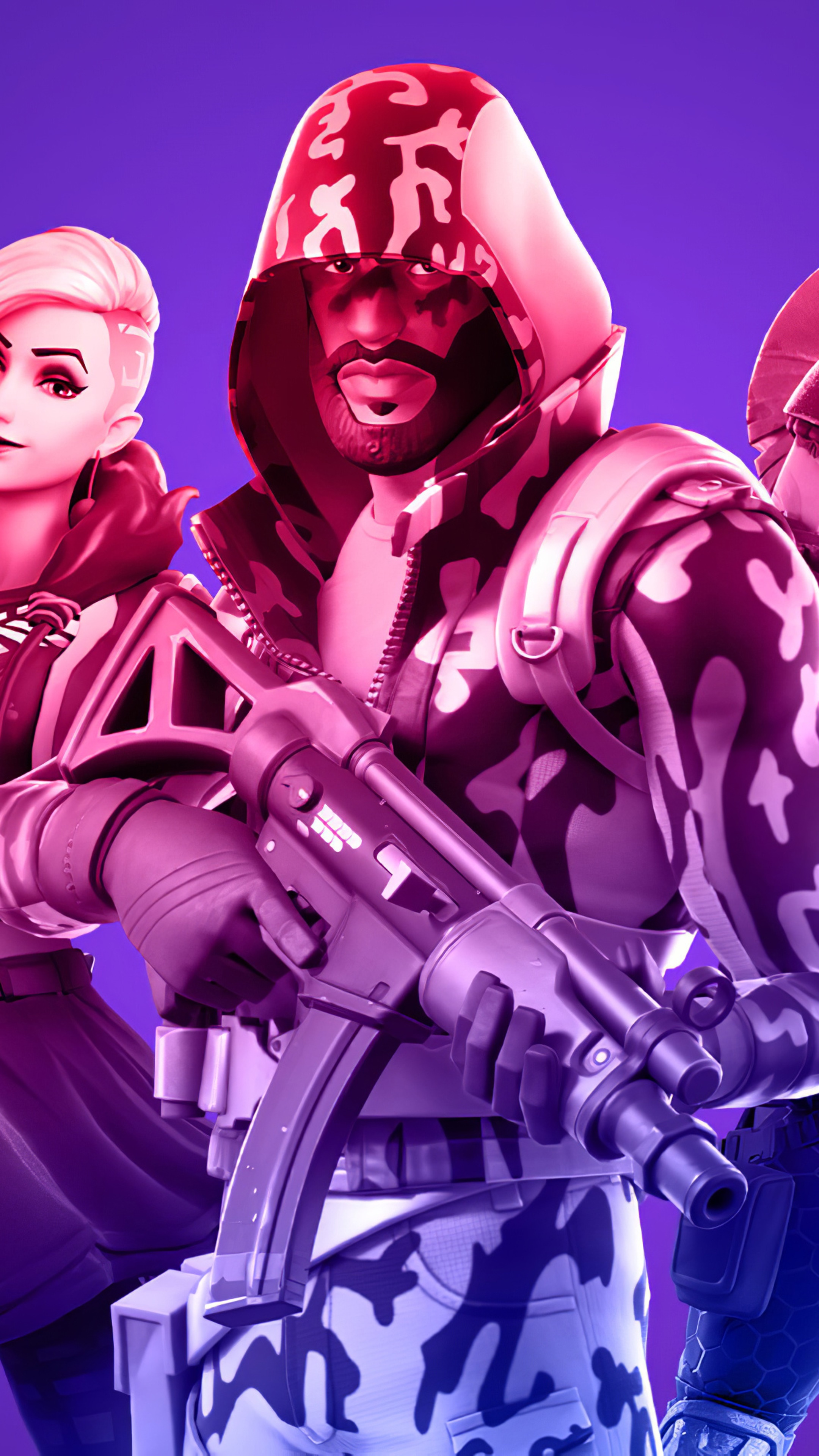 Fortnite characters with camouflage outfits and weapons HD Phone Wallpaper