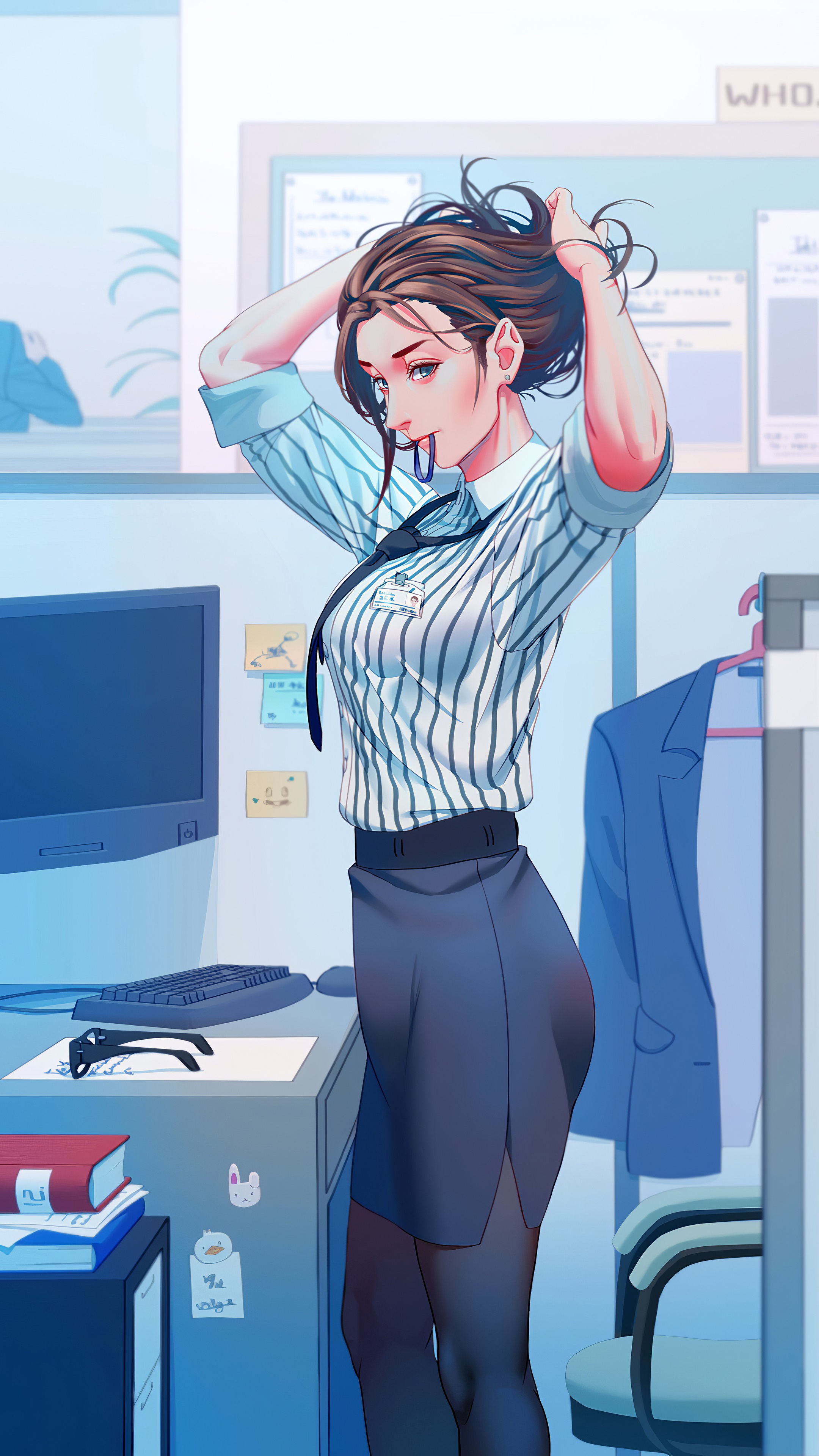 Anime office worker tying her hair HD Phone Wallpaper