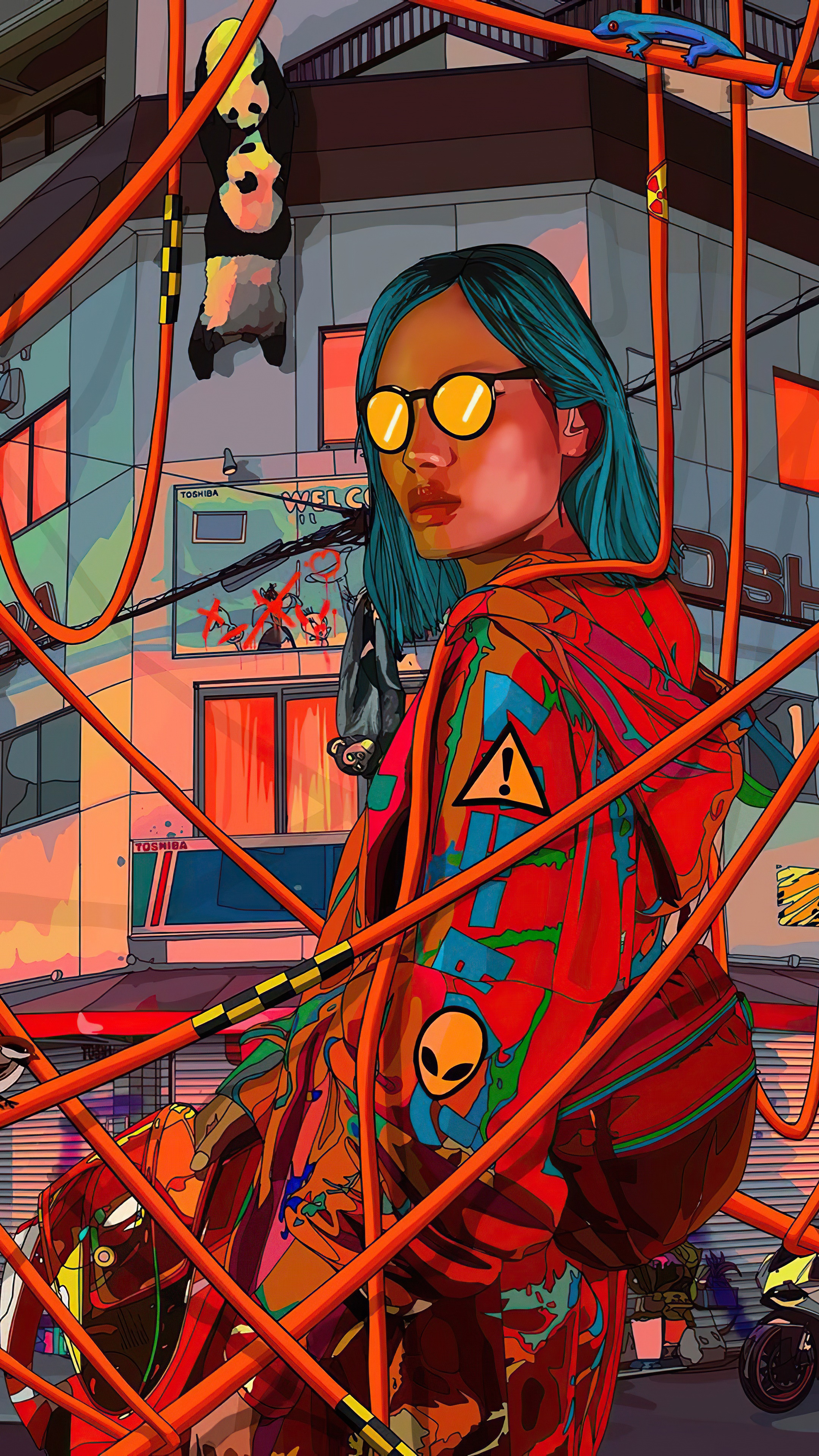 Artwork of a woman with blue hair and sunglasses HD Phone Wallpaper