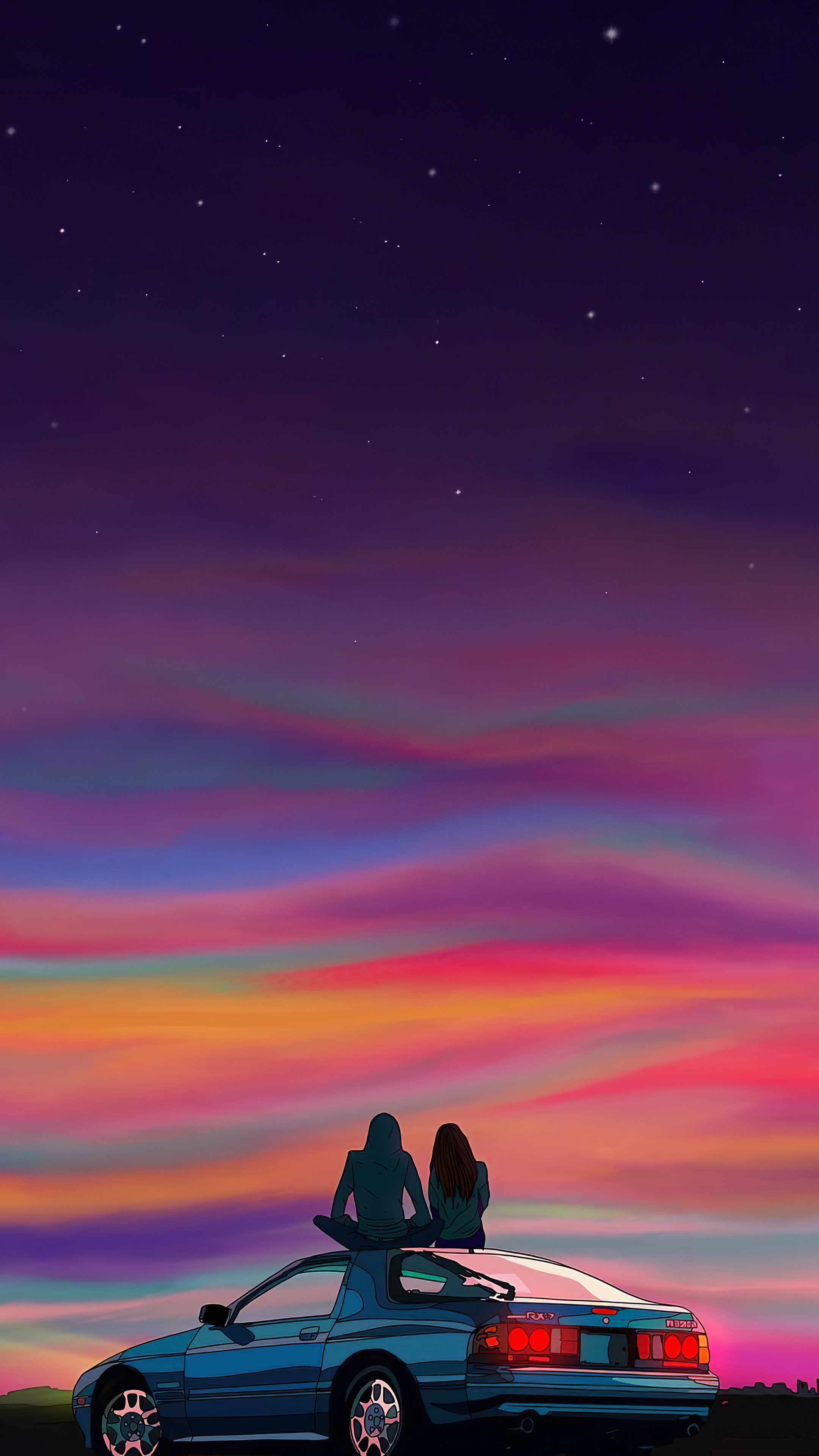 Couple sitting on a car watching a colorful sunset HD Phone Wallpaper