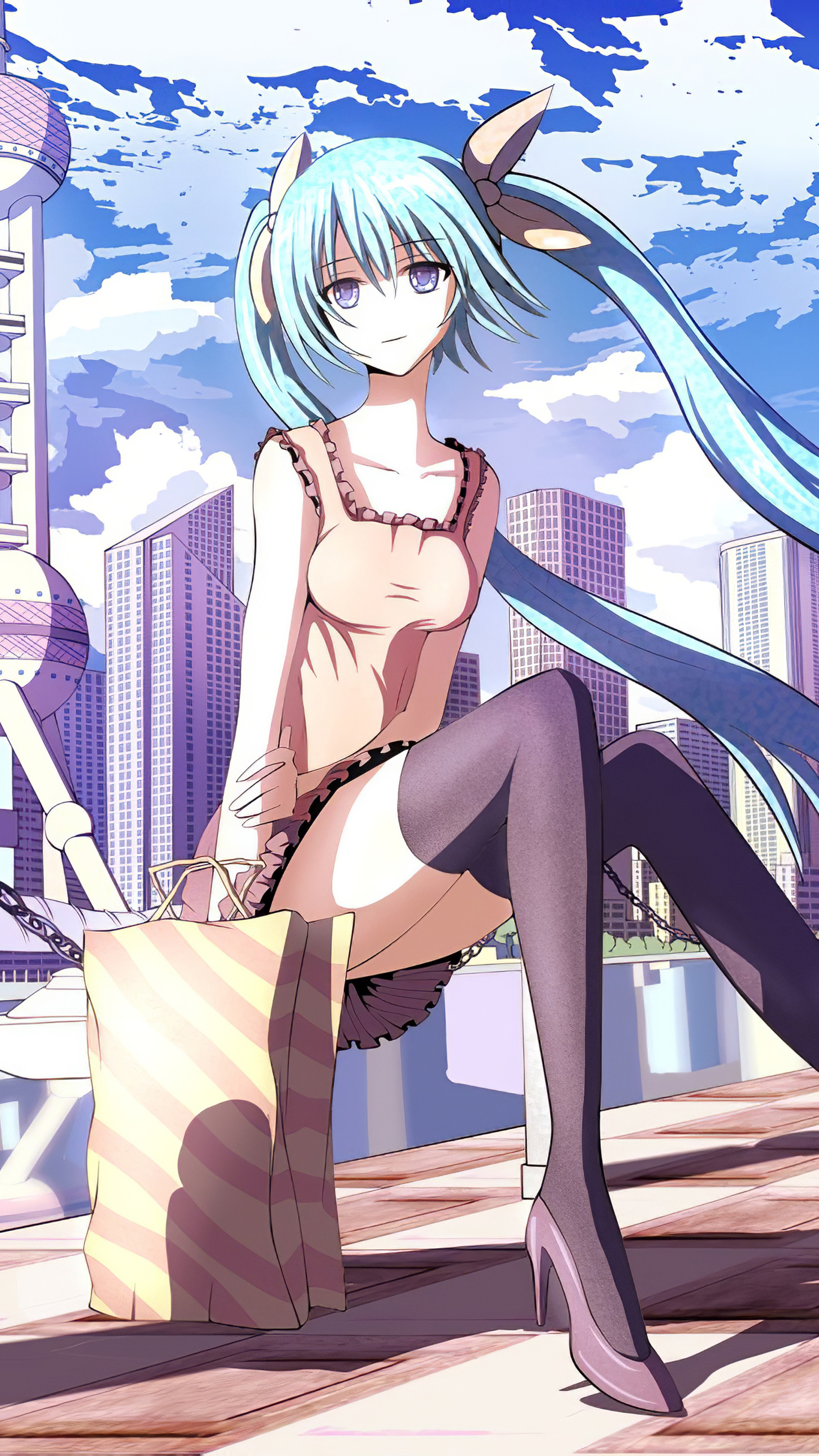 Hatsune Miku from Vocaloid in a city HD Phone Wallpaper