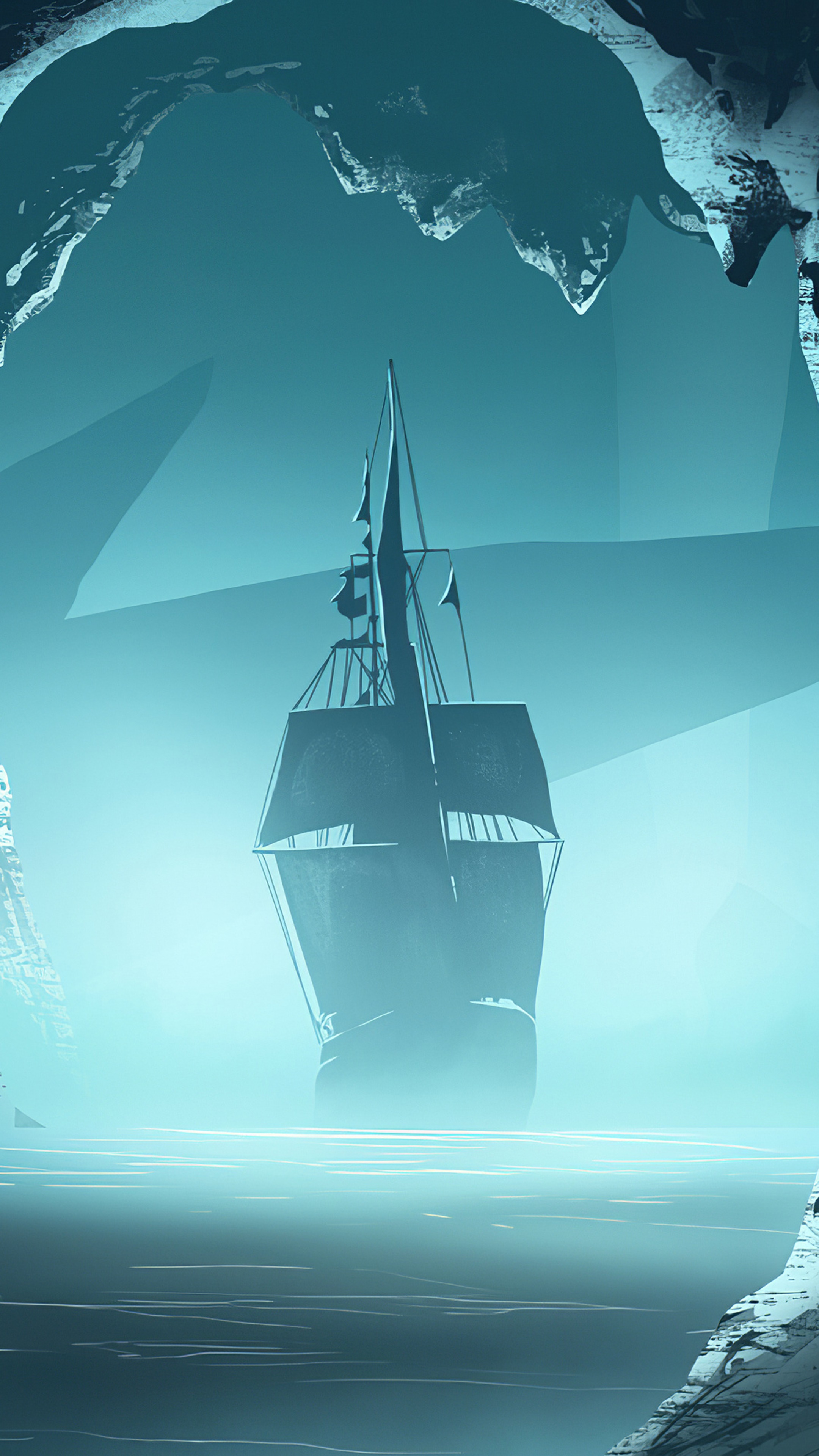 Ship sailing through a foggy, icy cave HD Phone Wallpaper