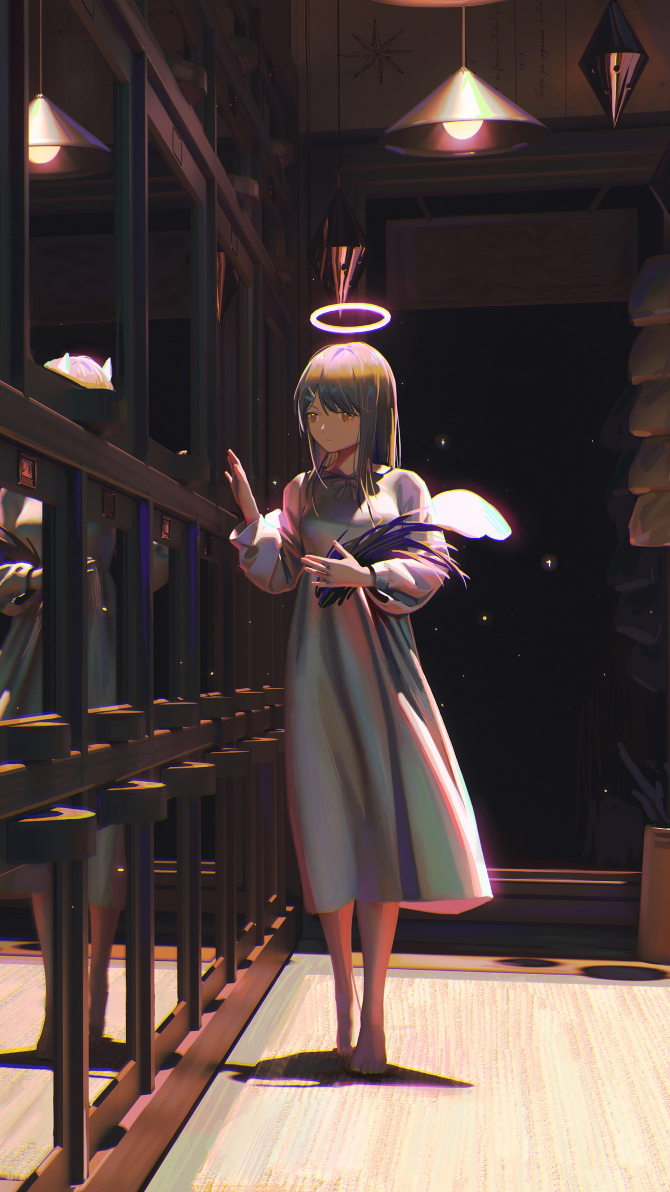 Anime angel girl with halo and wings HD Phone Wallpaper