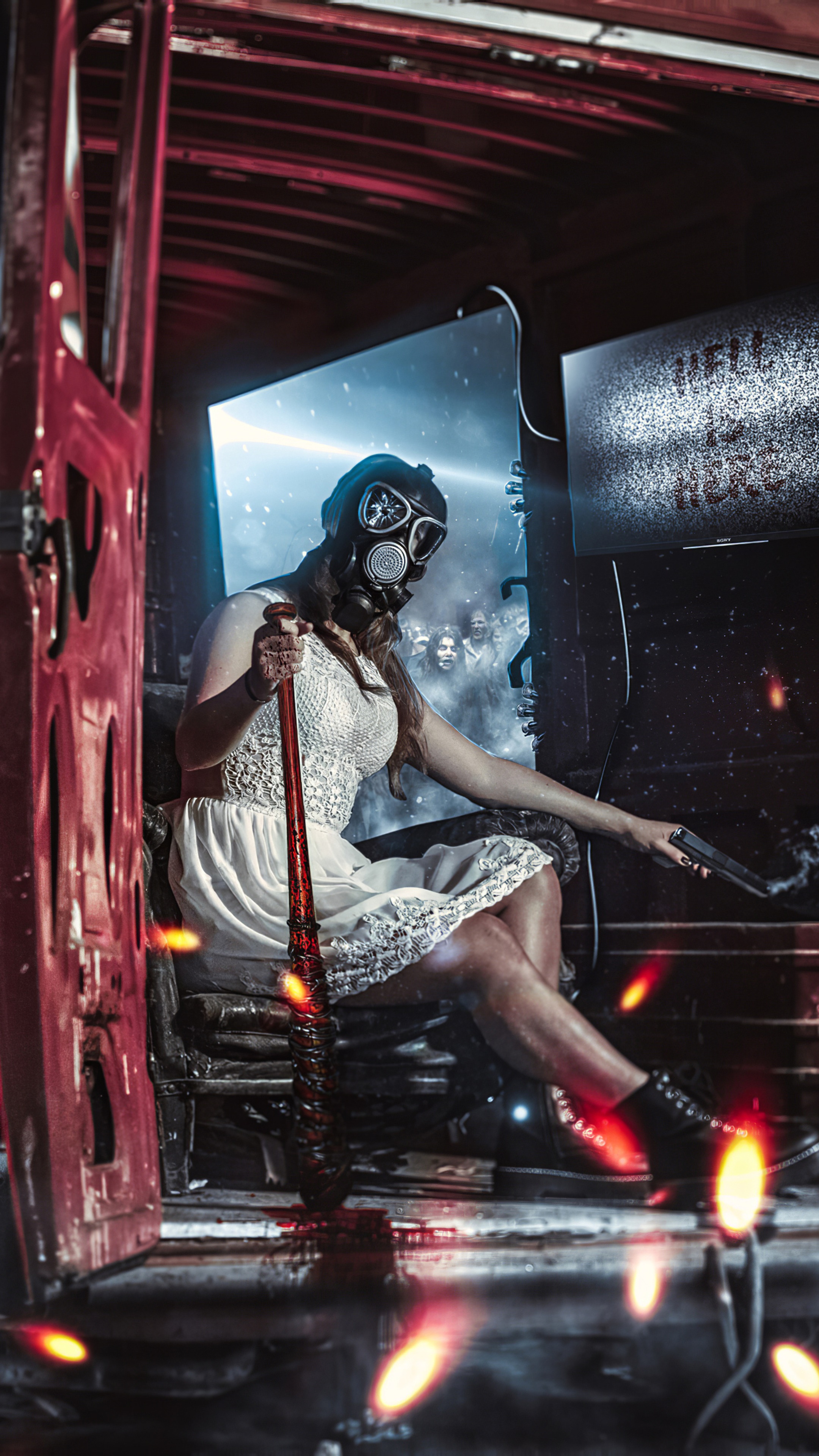 Woman in gas mask with baseball bat and gun HD Phone Wallpaper