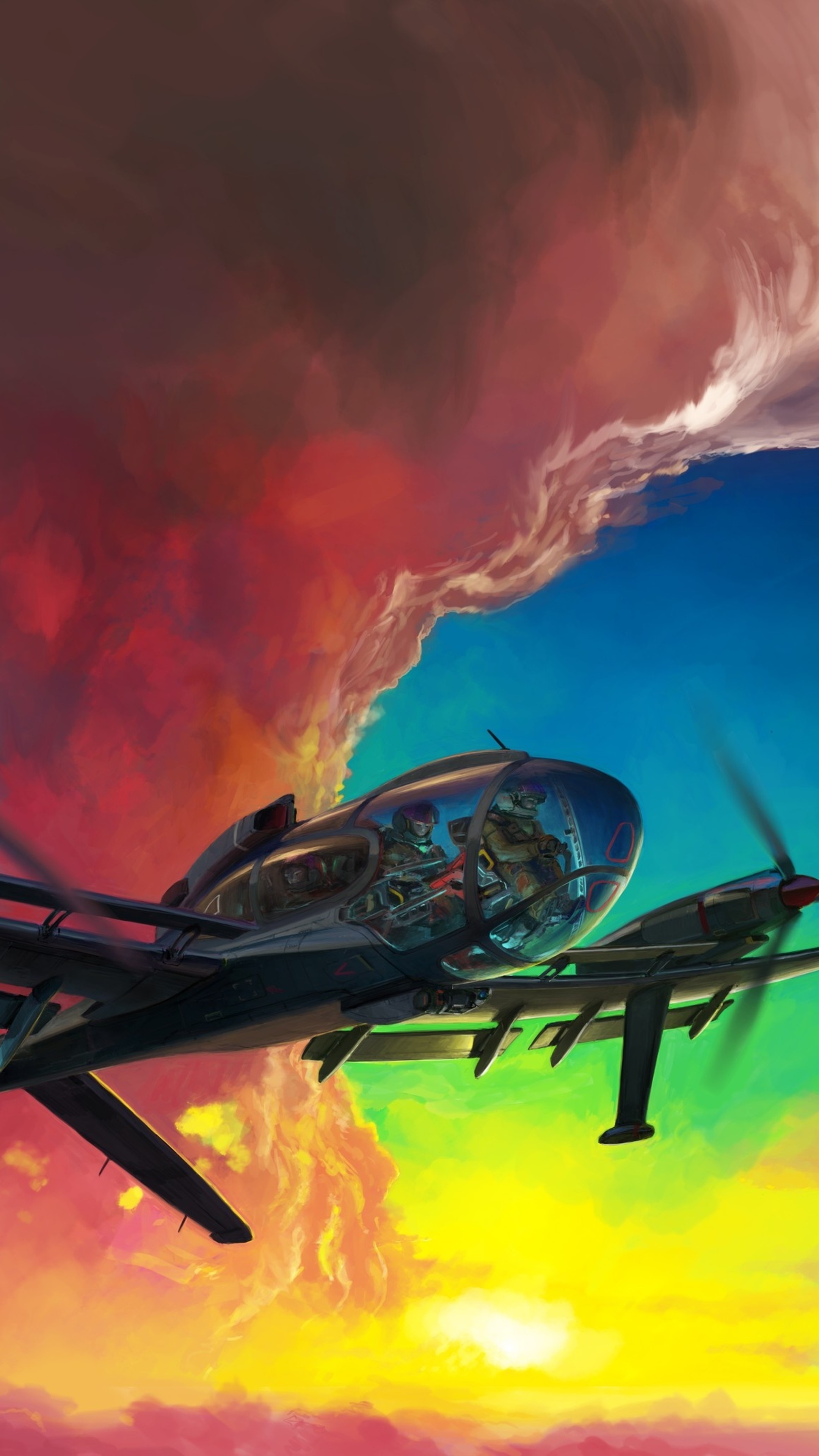 Two pilots in a cockpit flying through colorful clouds HD Phone Wallpaper