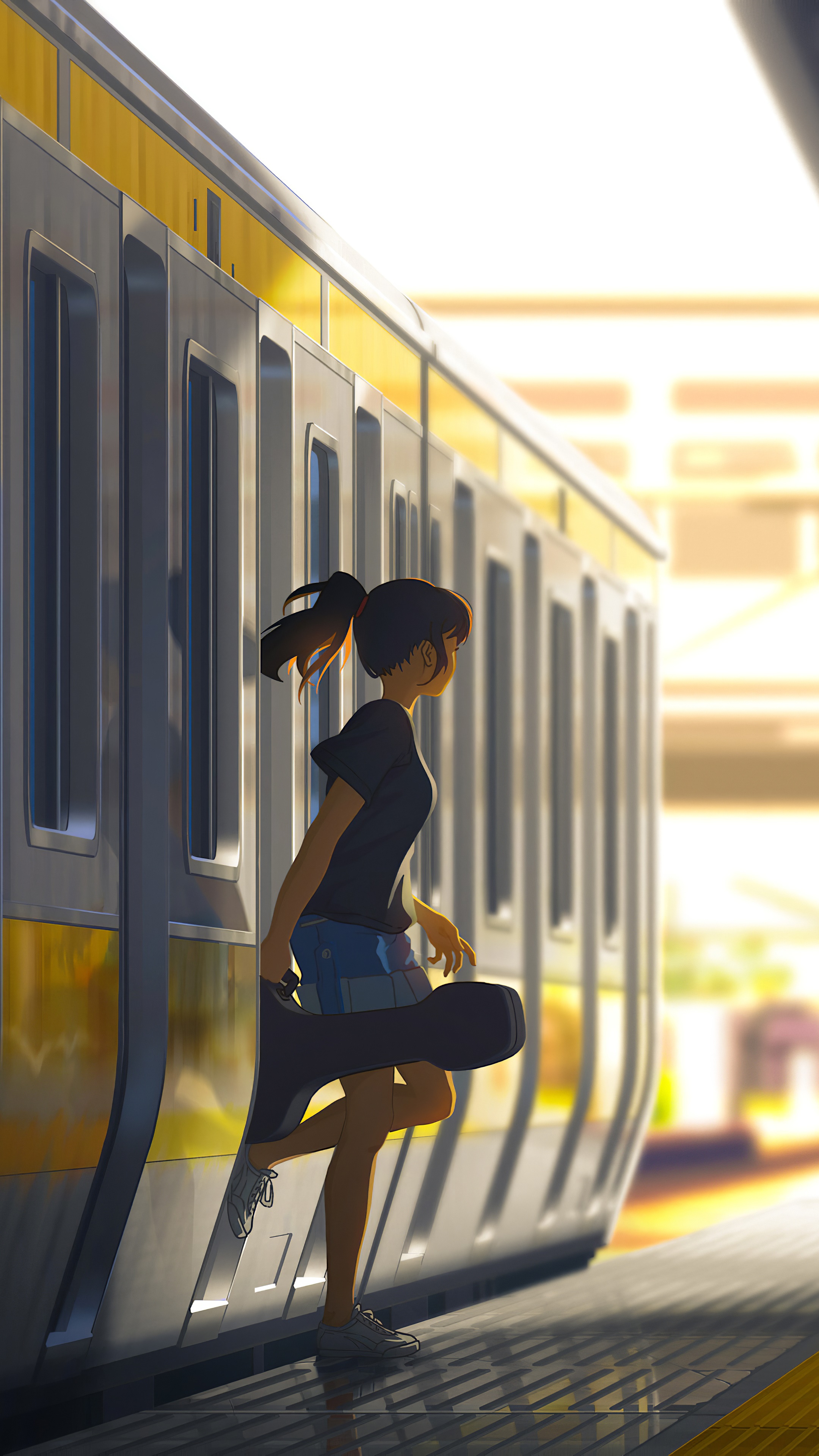 Anime girl with guitar case at train station HD Phone Wallpaper