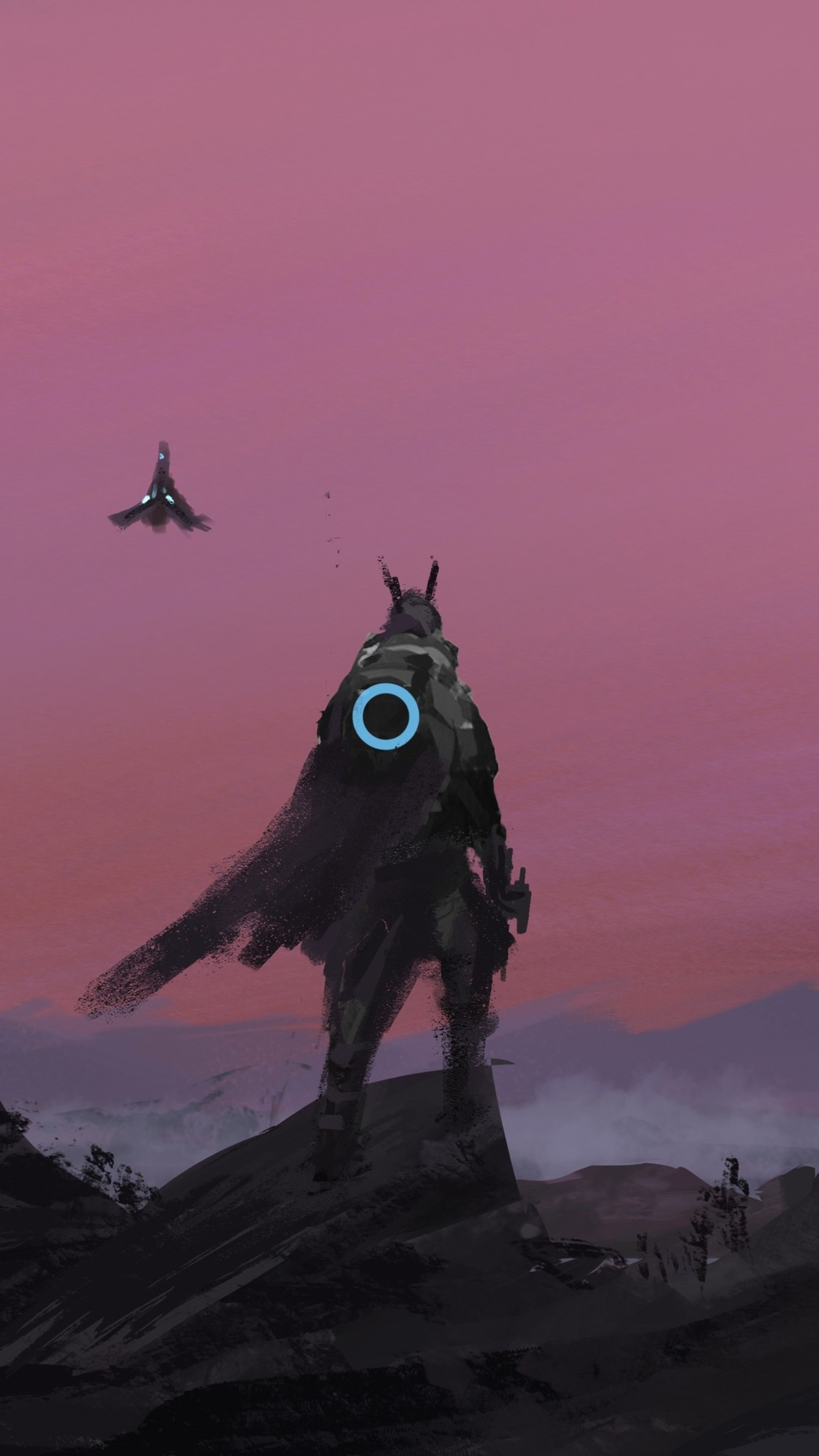 Sci-fi warrior with drone against pink sky HD Phone Wallpaper