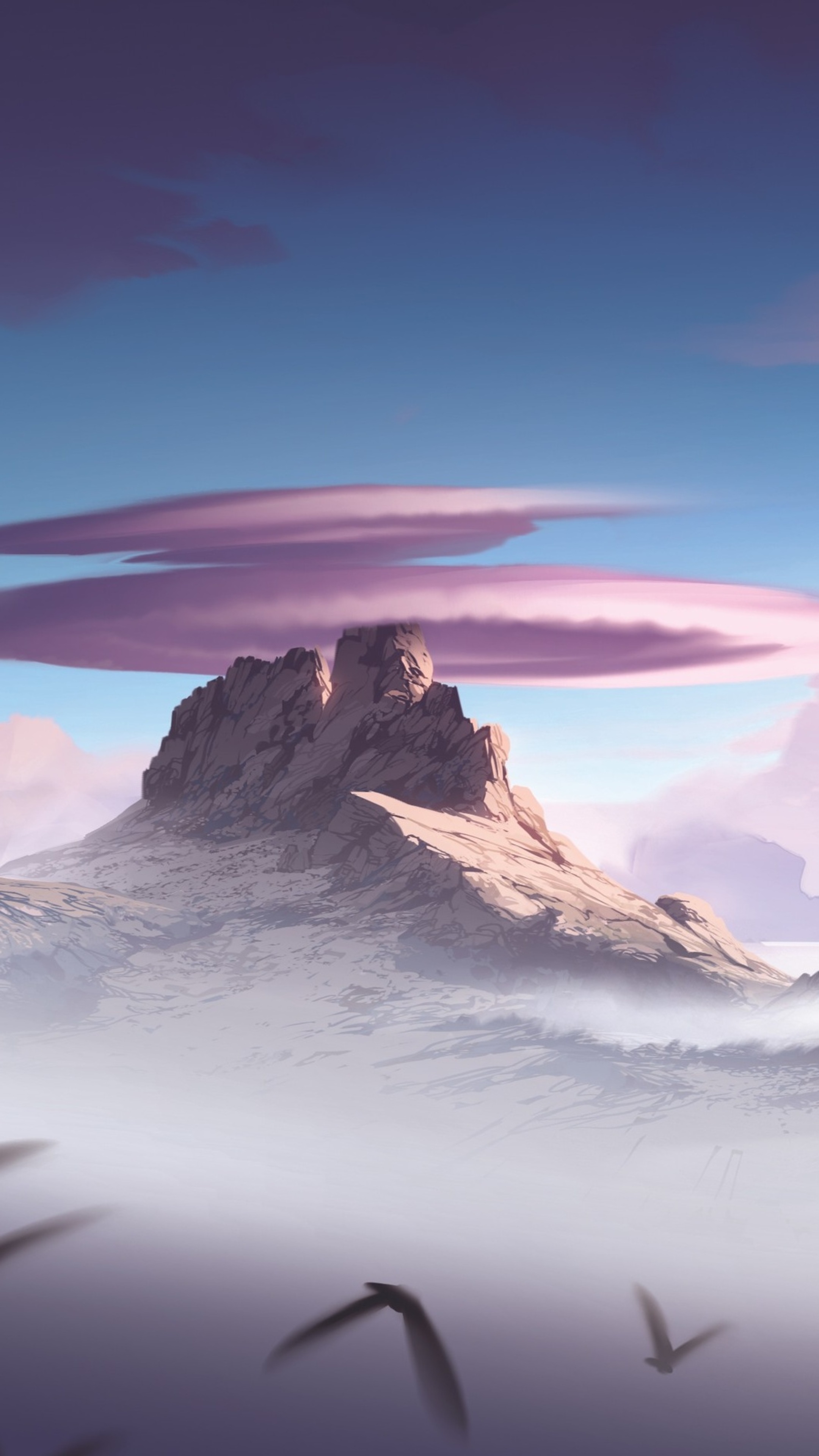 Mountain peak with purple clouds and birds HD Phone Wallpaper