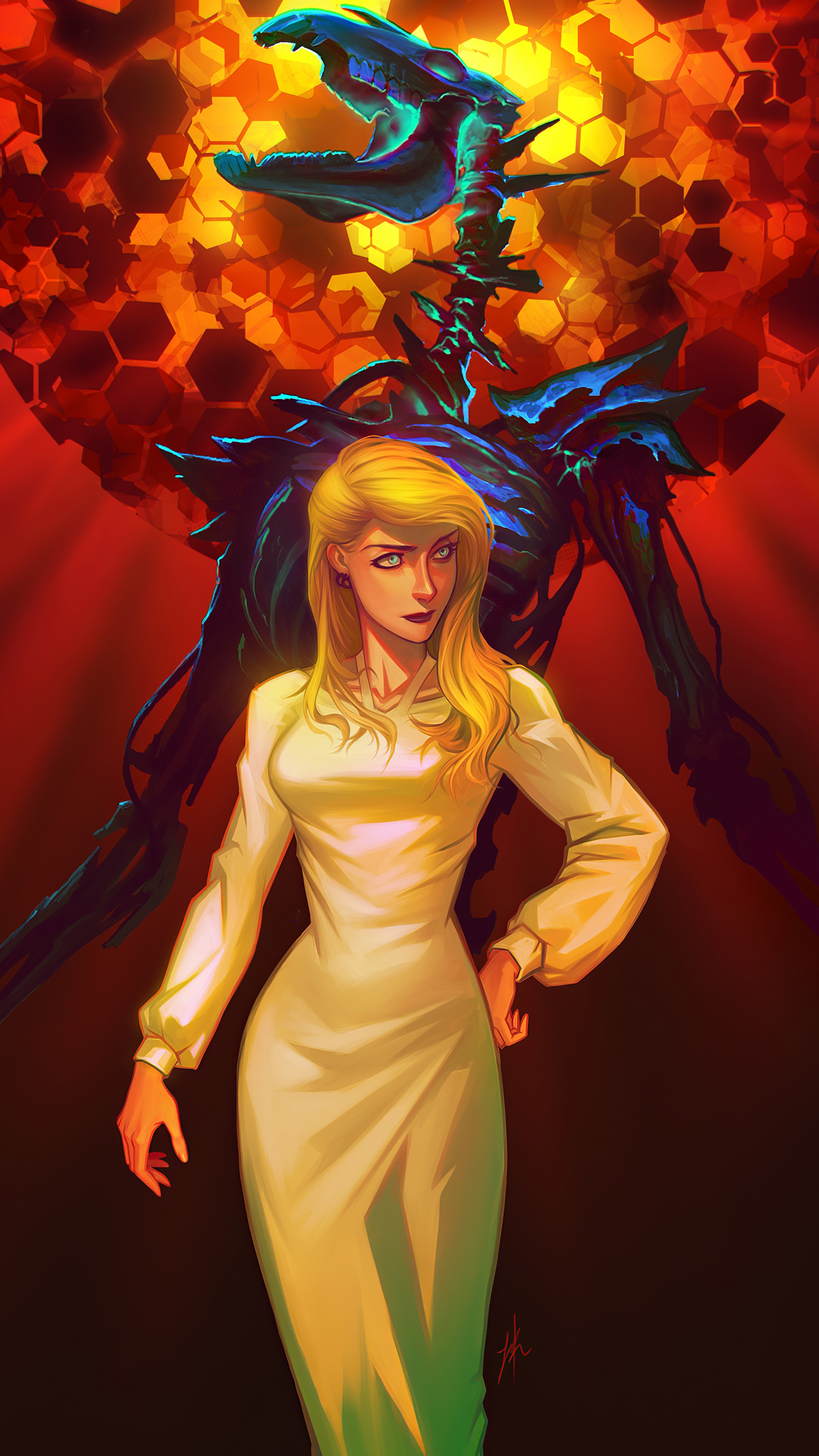 Woman in white dress with creature behind her HD Phone Wallpaper