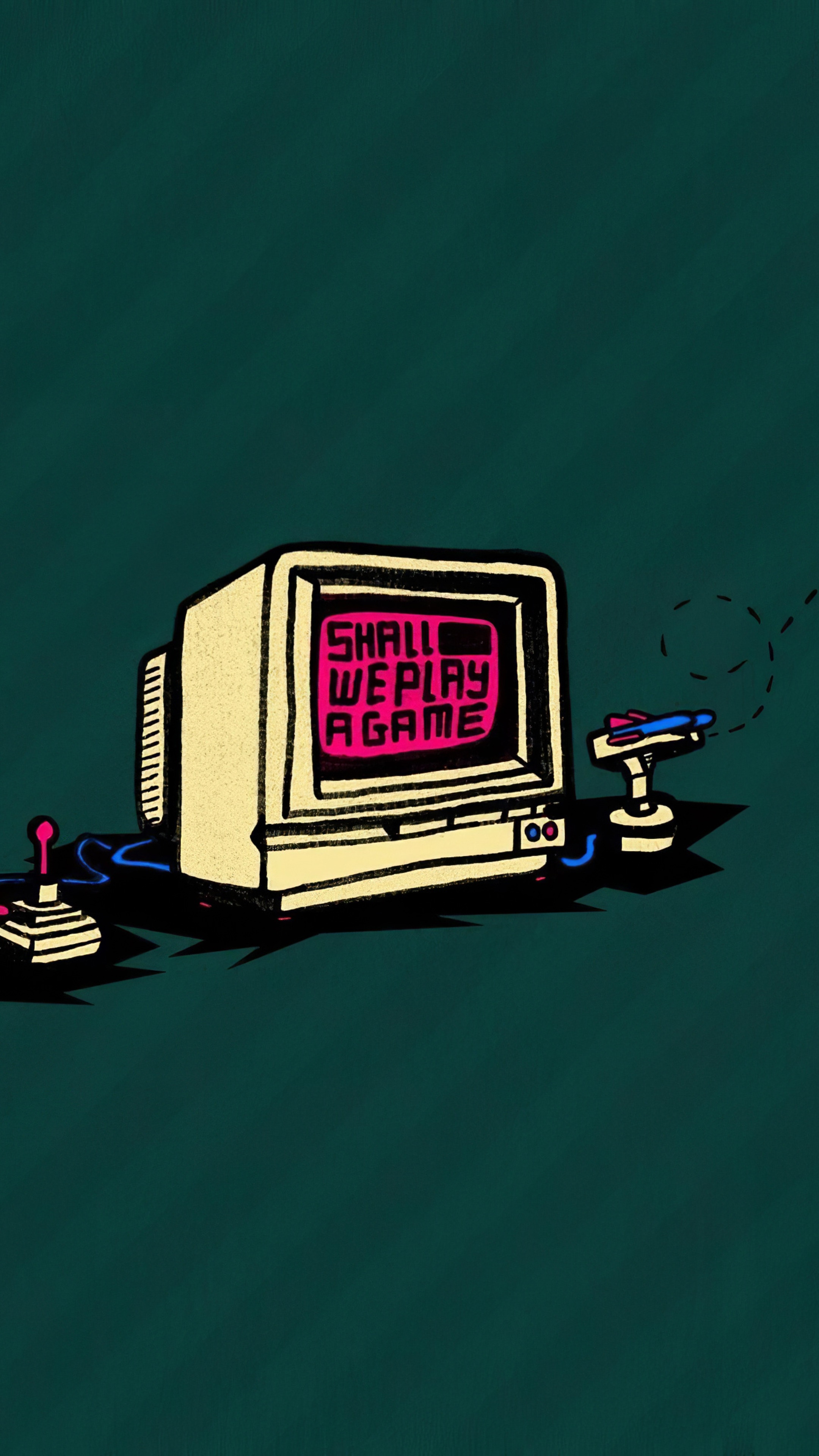 Retro computer with joysticks and text 'Shall We Play A Game' HD Phone Wallpaper