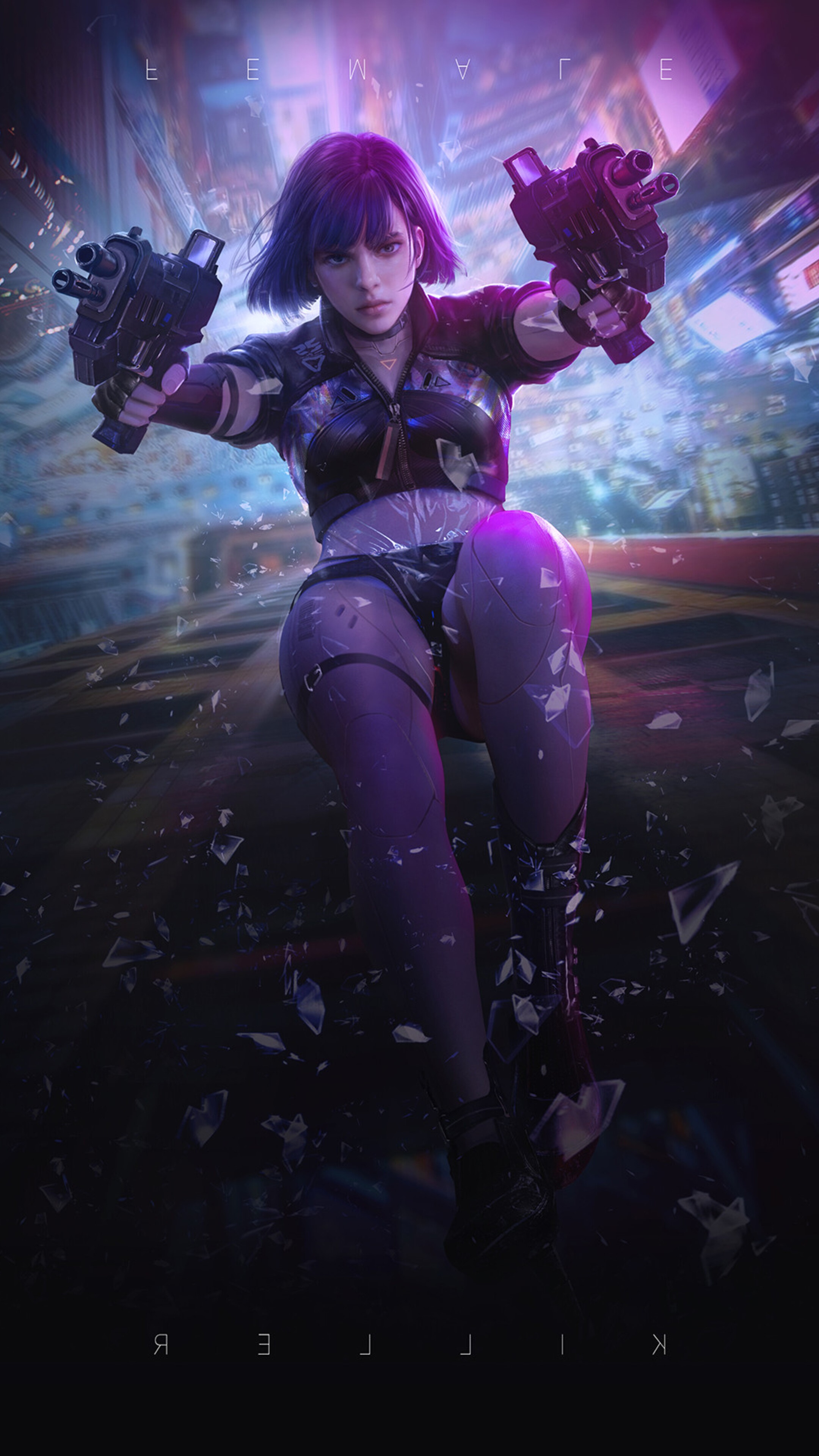 Woman with guns in cyberpunk city HD Phone Wallpaper