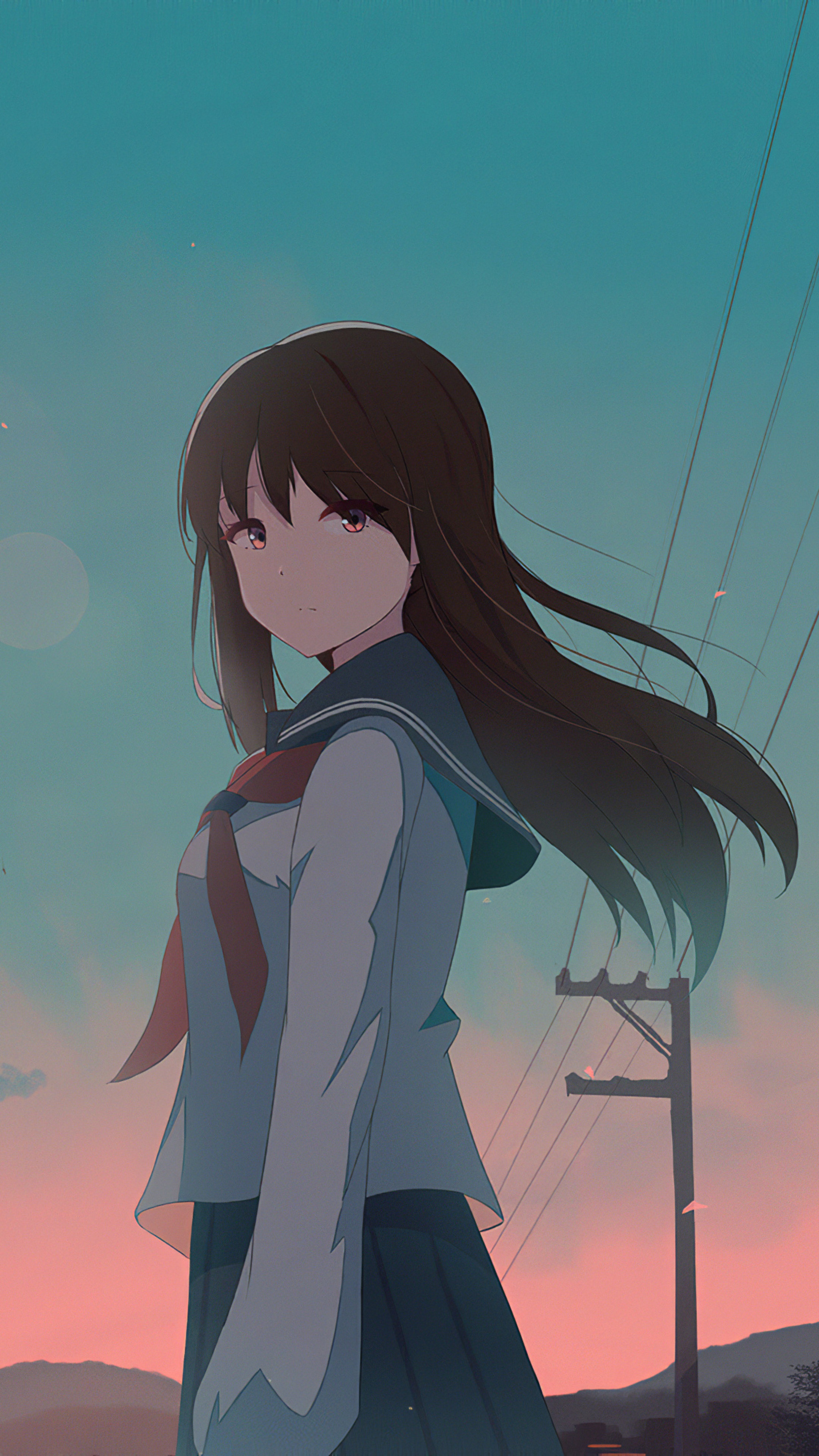Anime girl in school uniform at sunset HD Phone Wallpaper
