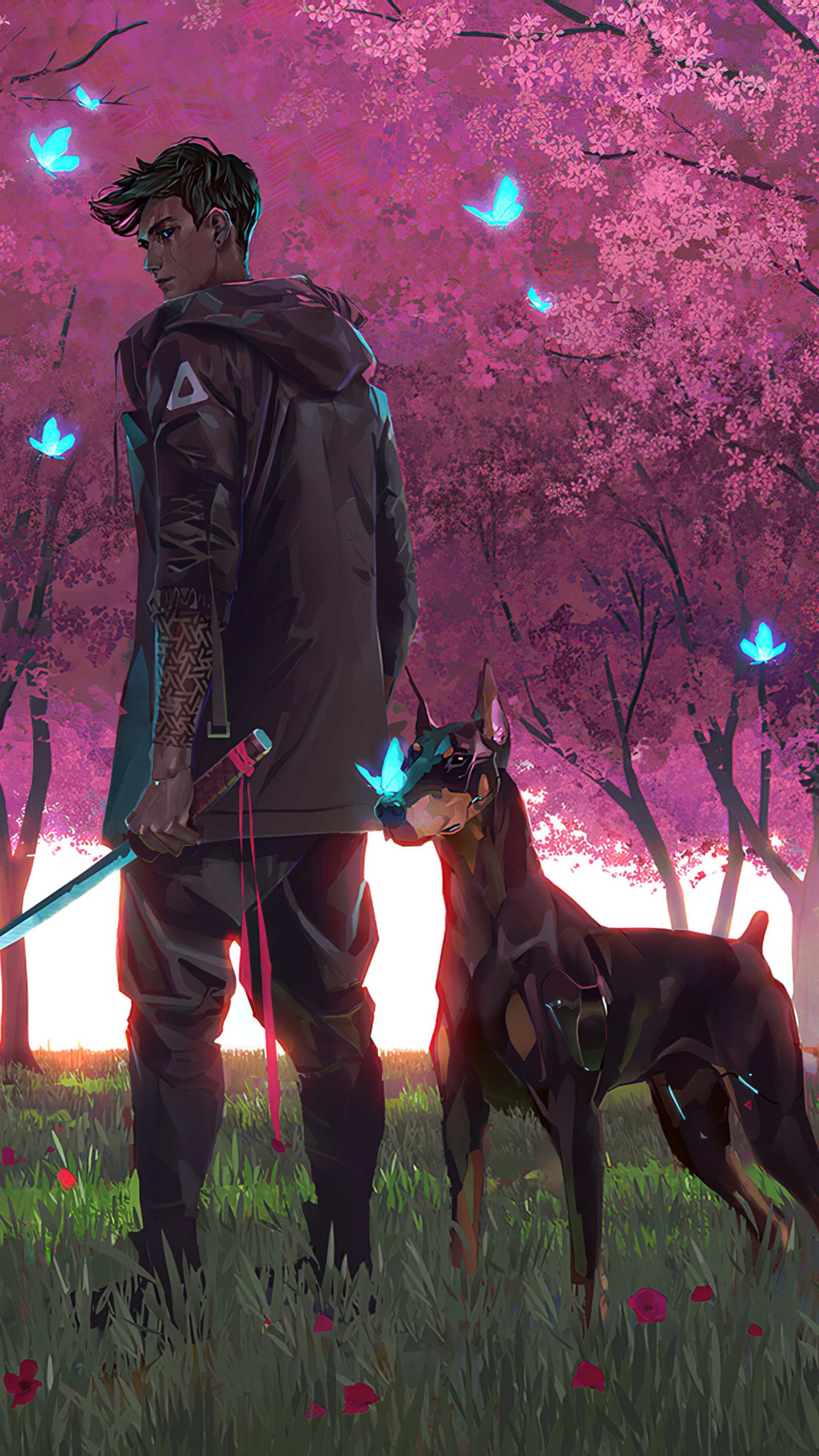 Man with sword and dog in a pink forest HD Phone Wallpaper