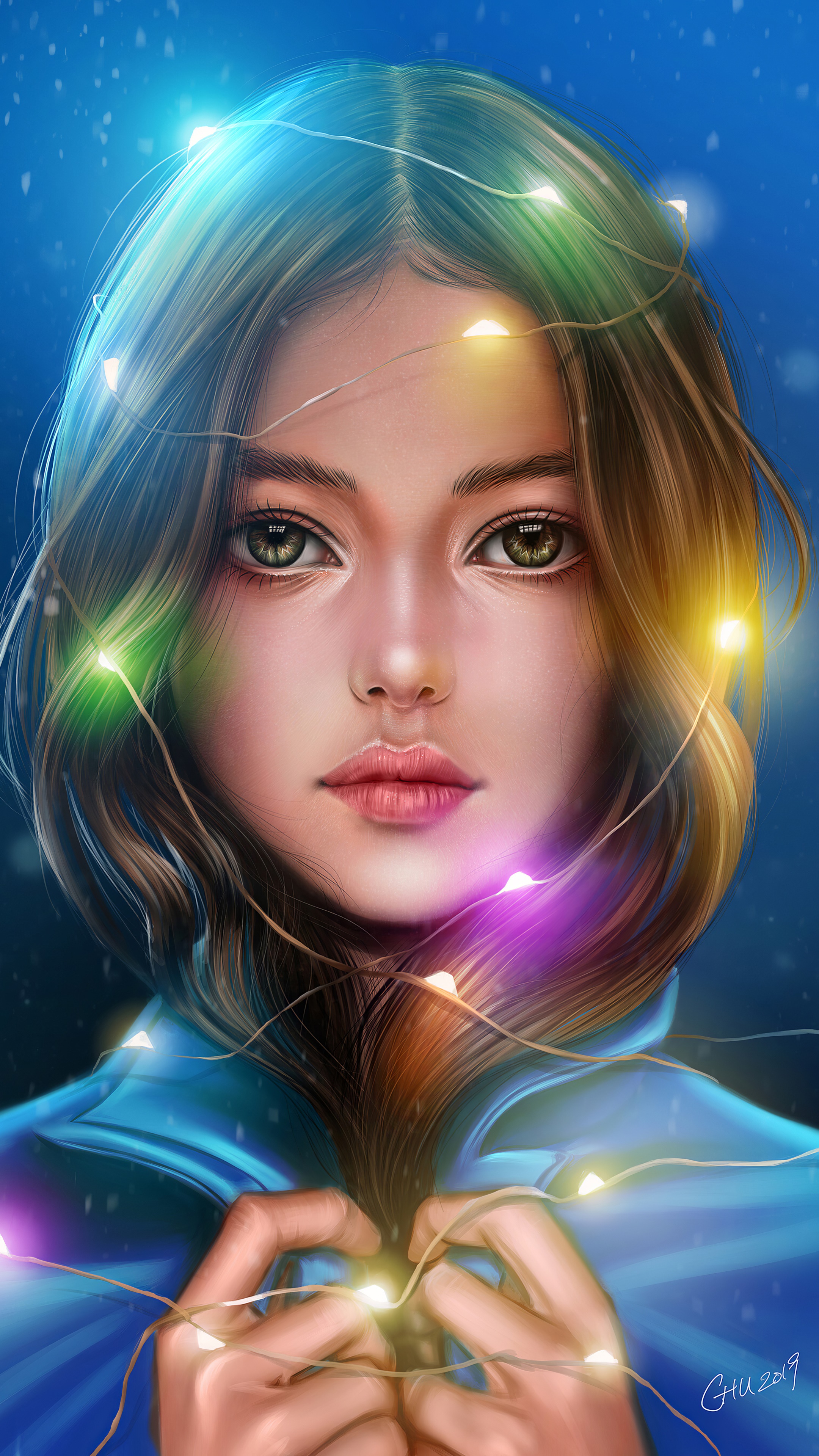 Digital art portrait of a girl with fairy lights HD Phone Wallpaper