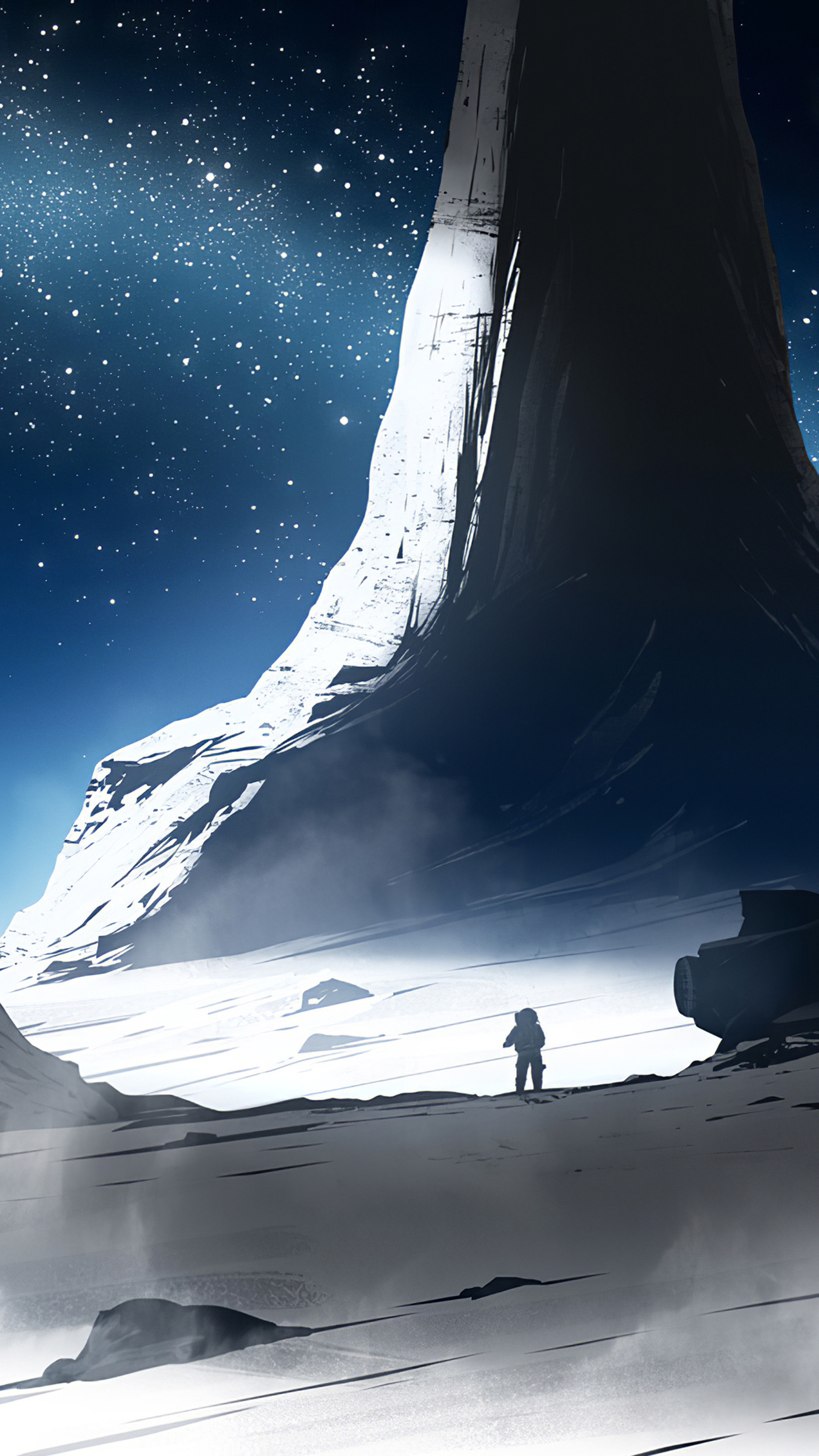 Astronaut on a snowy alien planet with a giant ring structure HD Phone Wallpaper