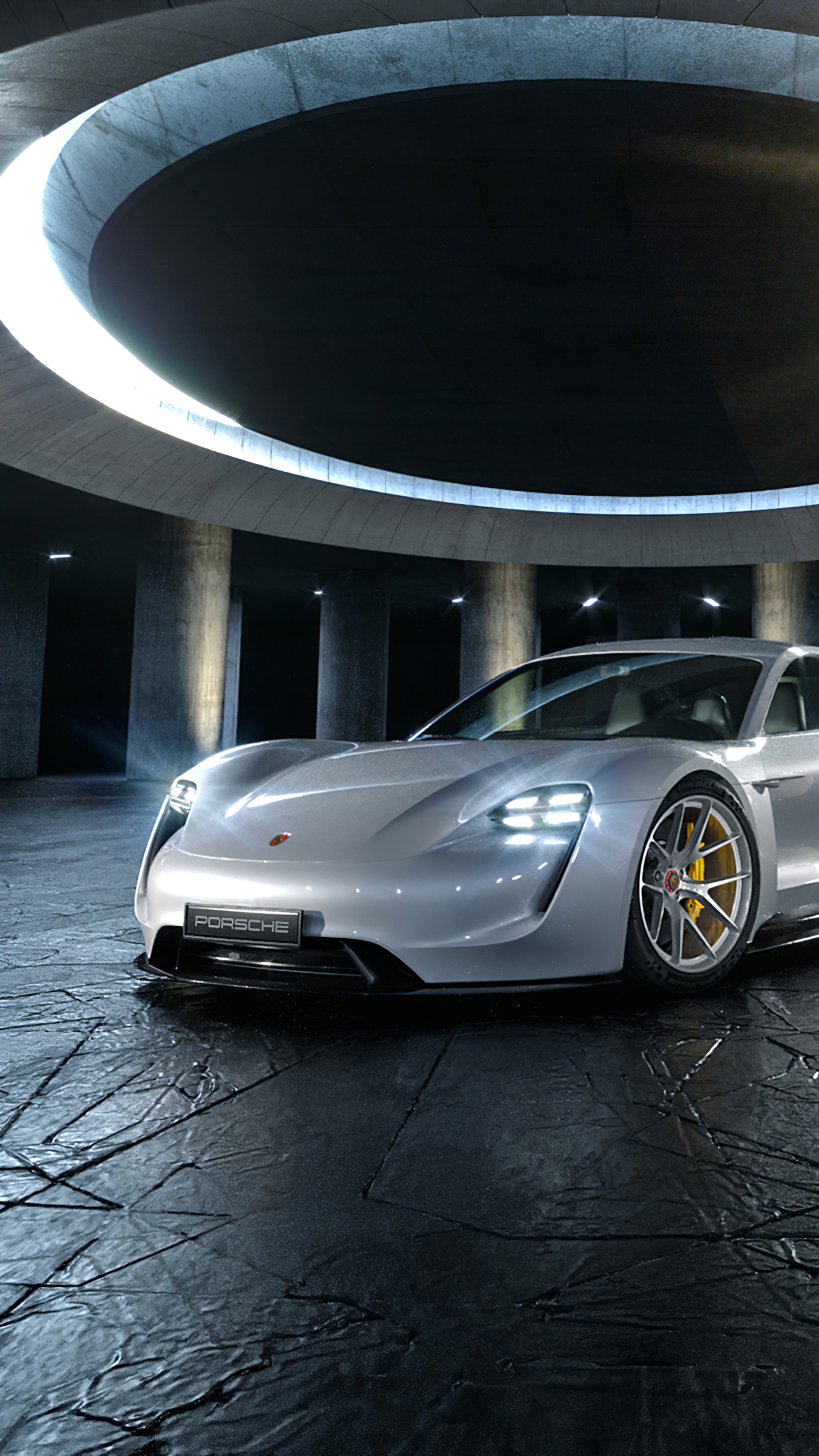 Silver Porsche Taycan 4S in a Circular Garage HD Phone Wallpaper