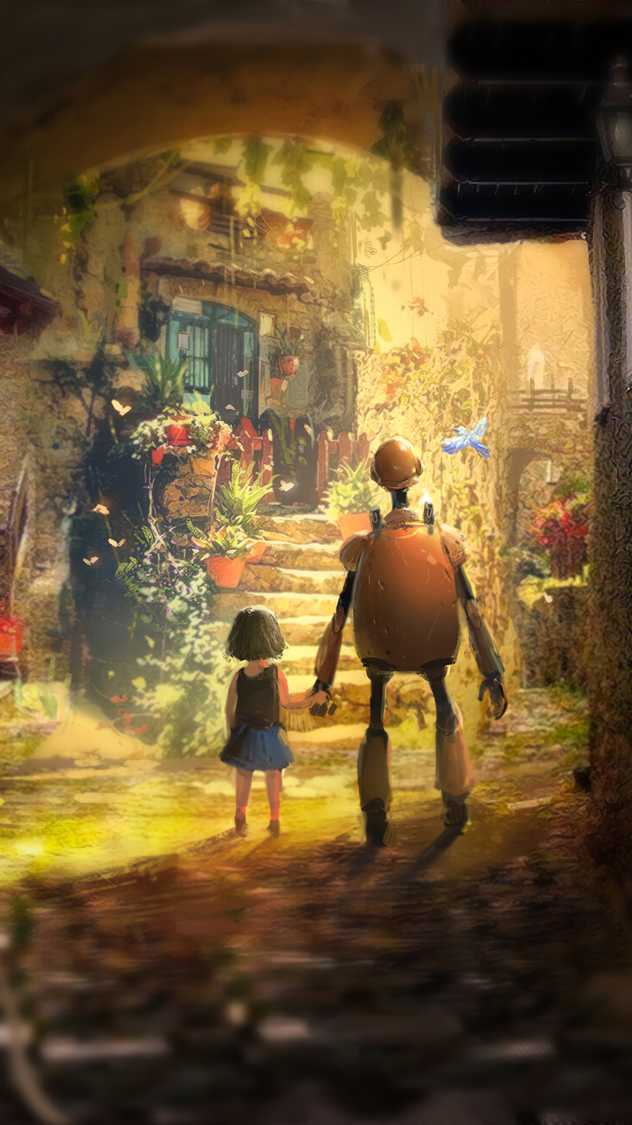 Girl and robot walking in a village HD Phone Wallpaper