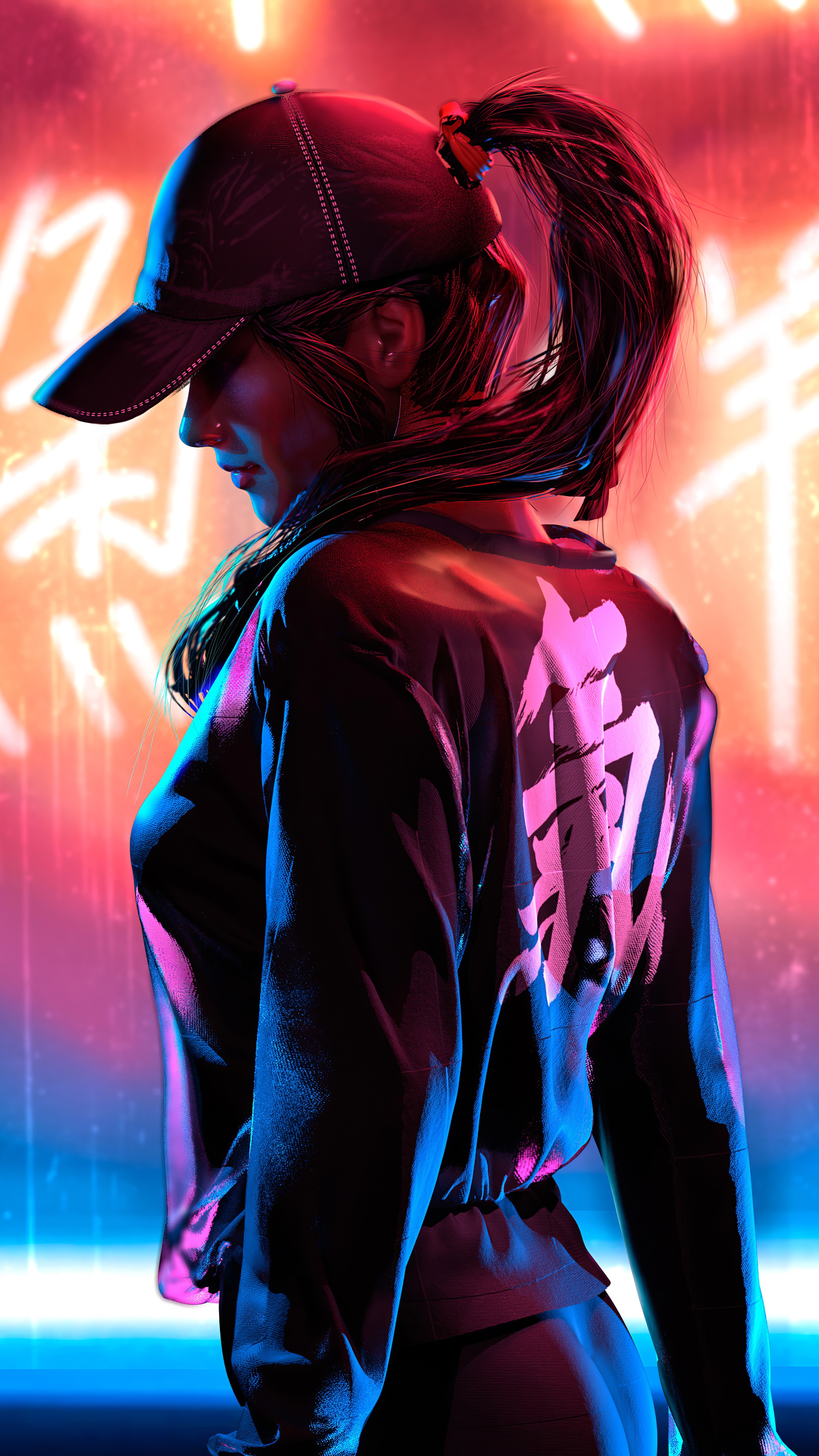 Woman in baseball cap and jacket with neon background HD Phone Wallpaper