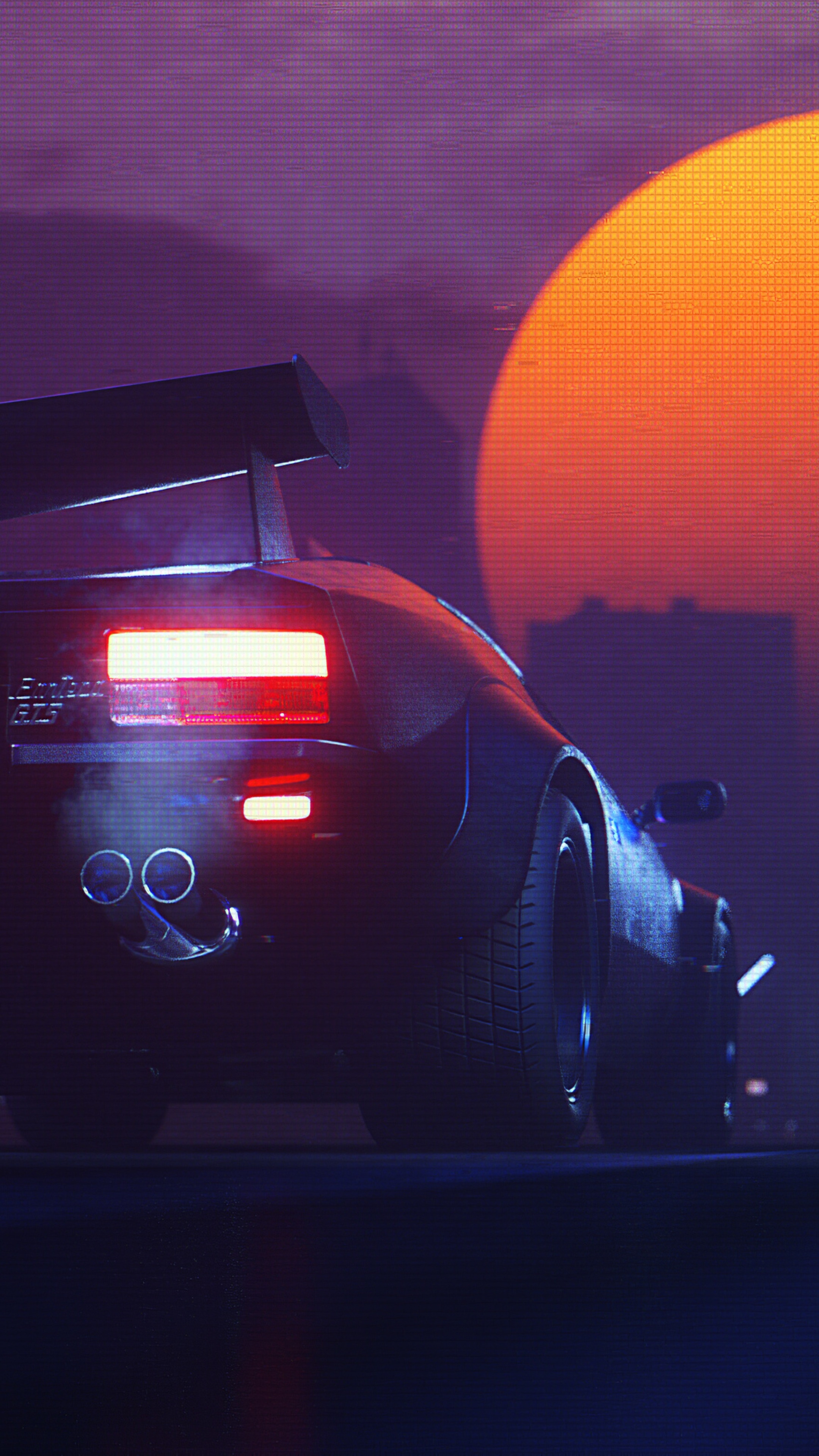 Retrowave artwork of a sports car at sunset HD Phone Wallpaper