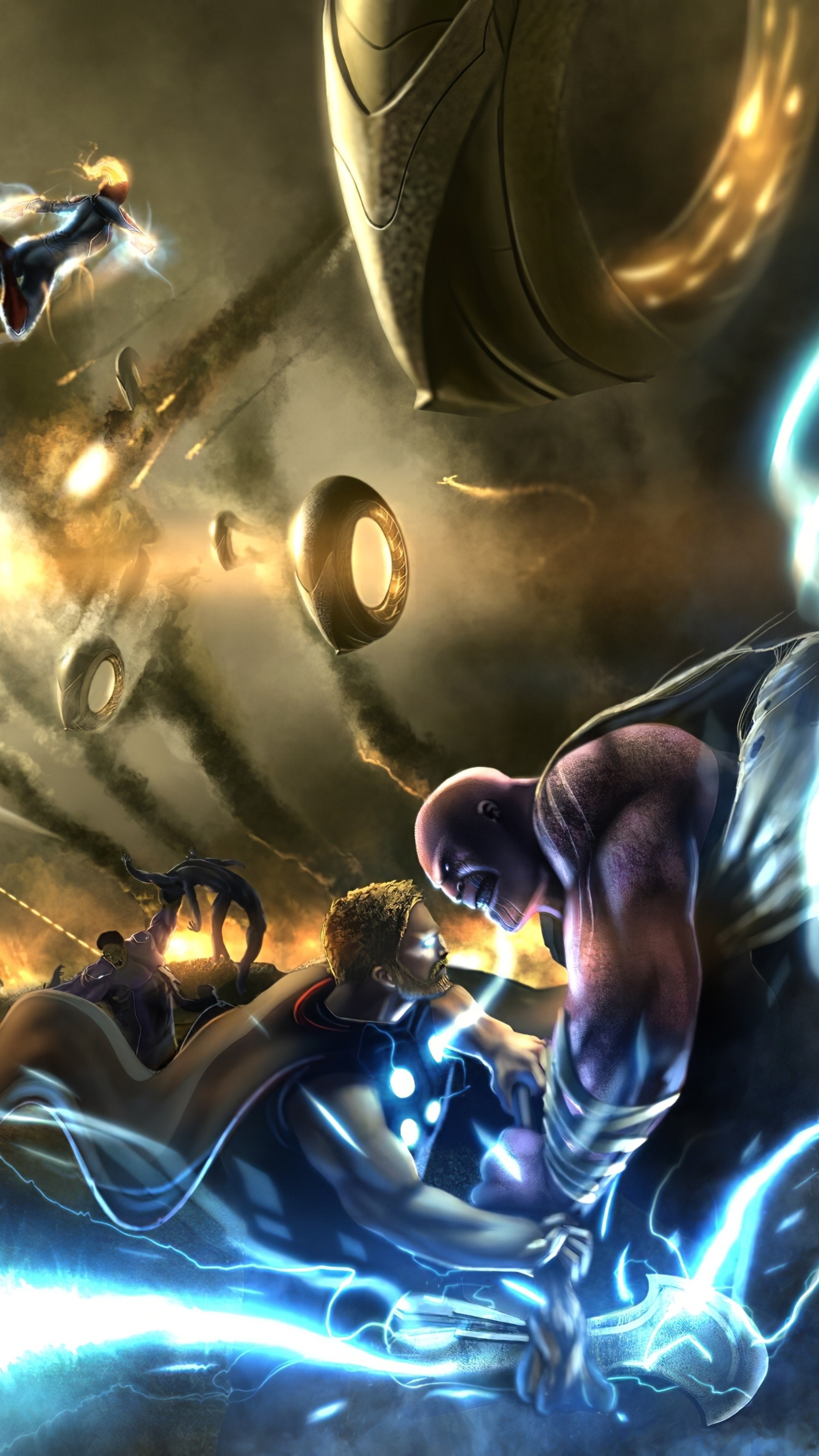 Thanos and Thor fighting with Captain Marvel in the background HD Phone Wallpaper