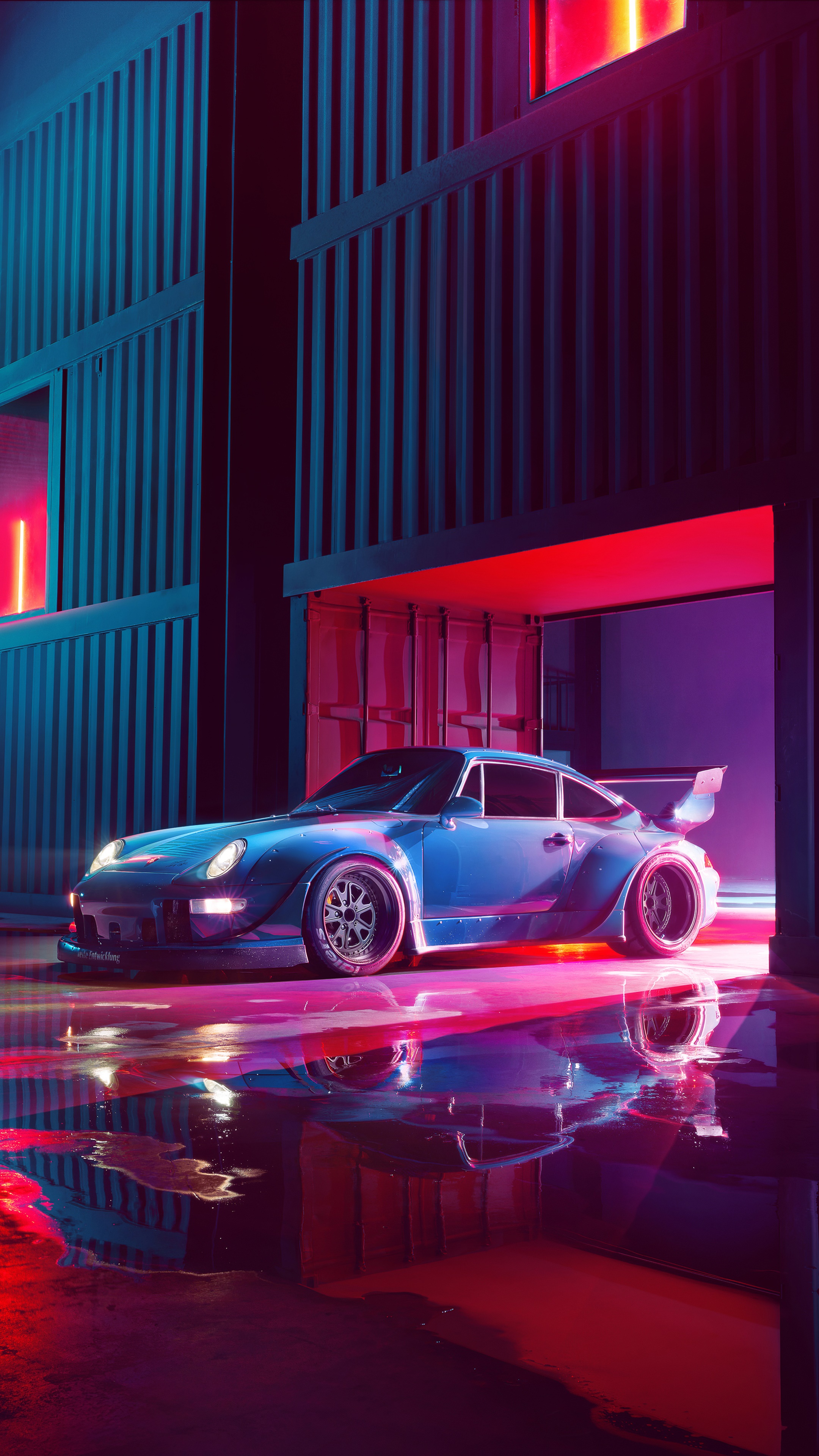 Blue Porsche 911 widebody in neon garage HD Phone Wallpaper