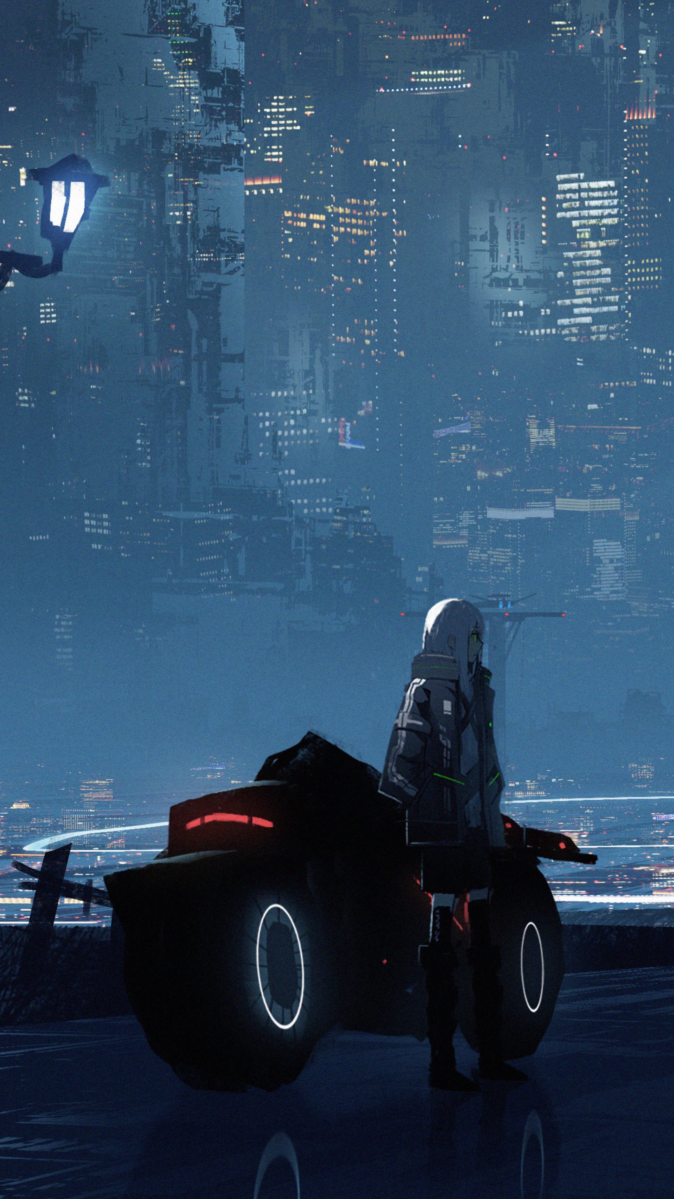 Anime girl on a motorcycle in a cyberpunk city HD Phone Wallpaper
