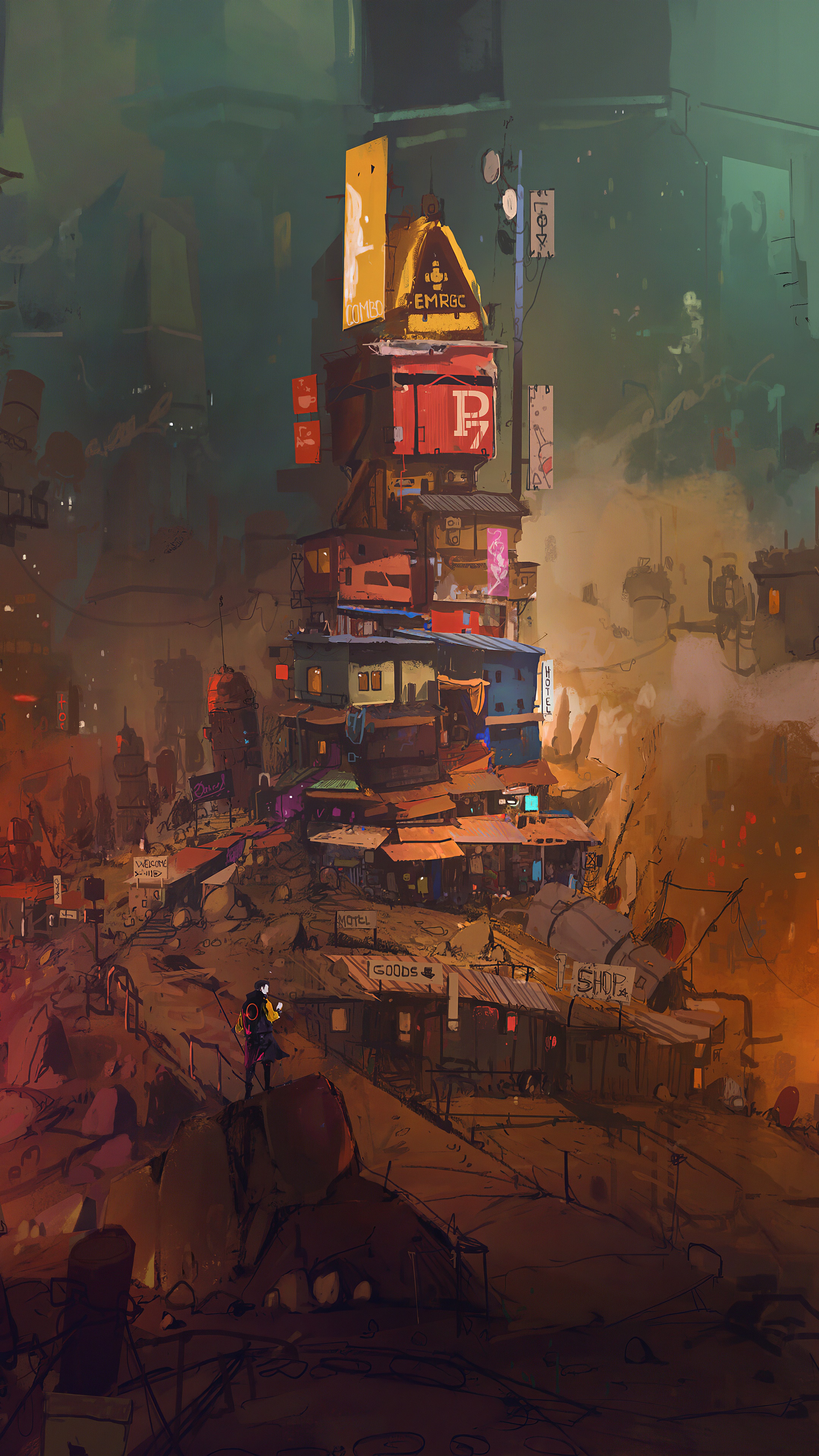 Cyberpunk city with tall buildings and a person HD Phone Wallpaper