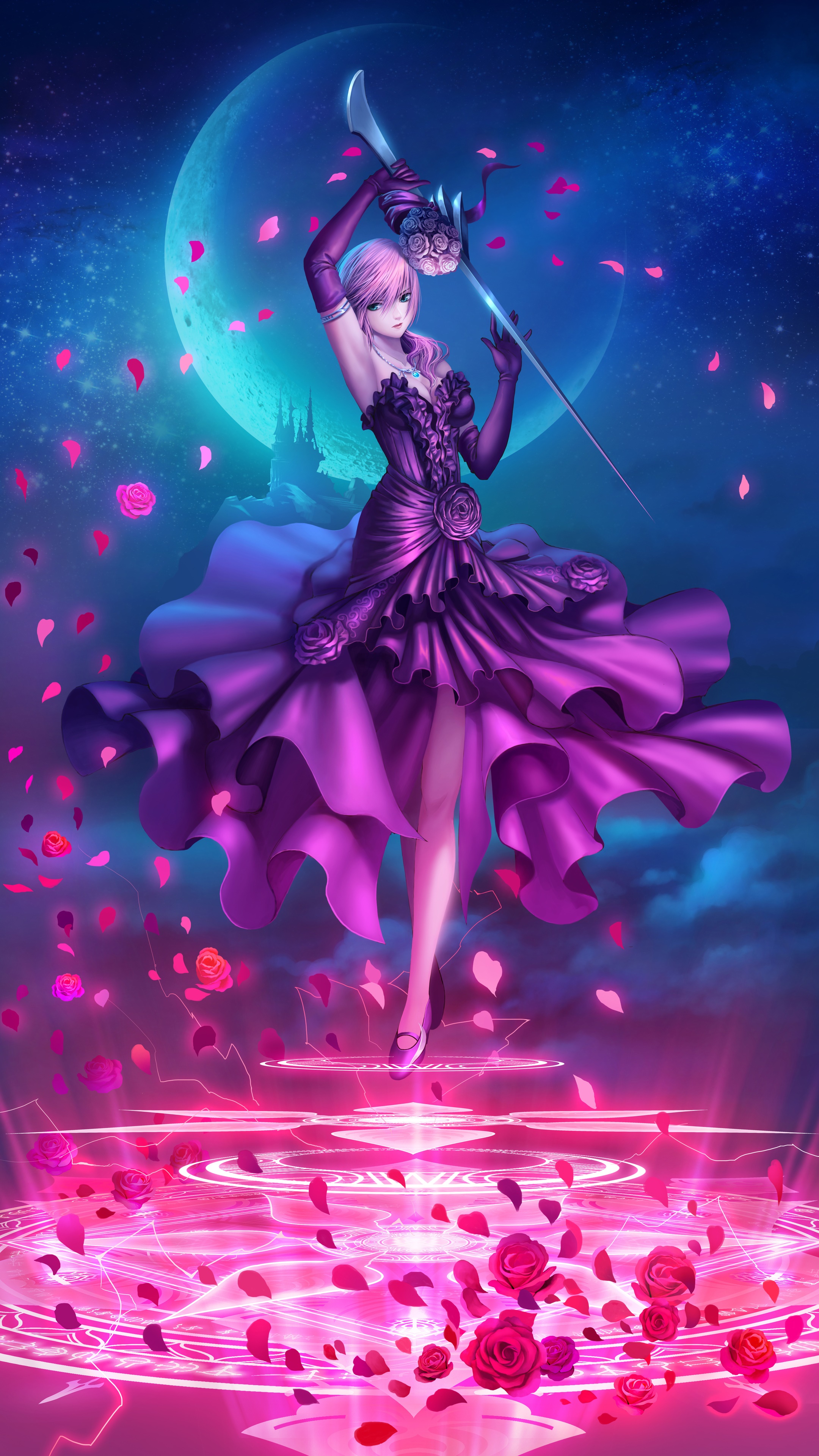 Lightning from Final Fantasy in a purple dress with roses HD Phone Wallpaper