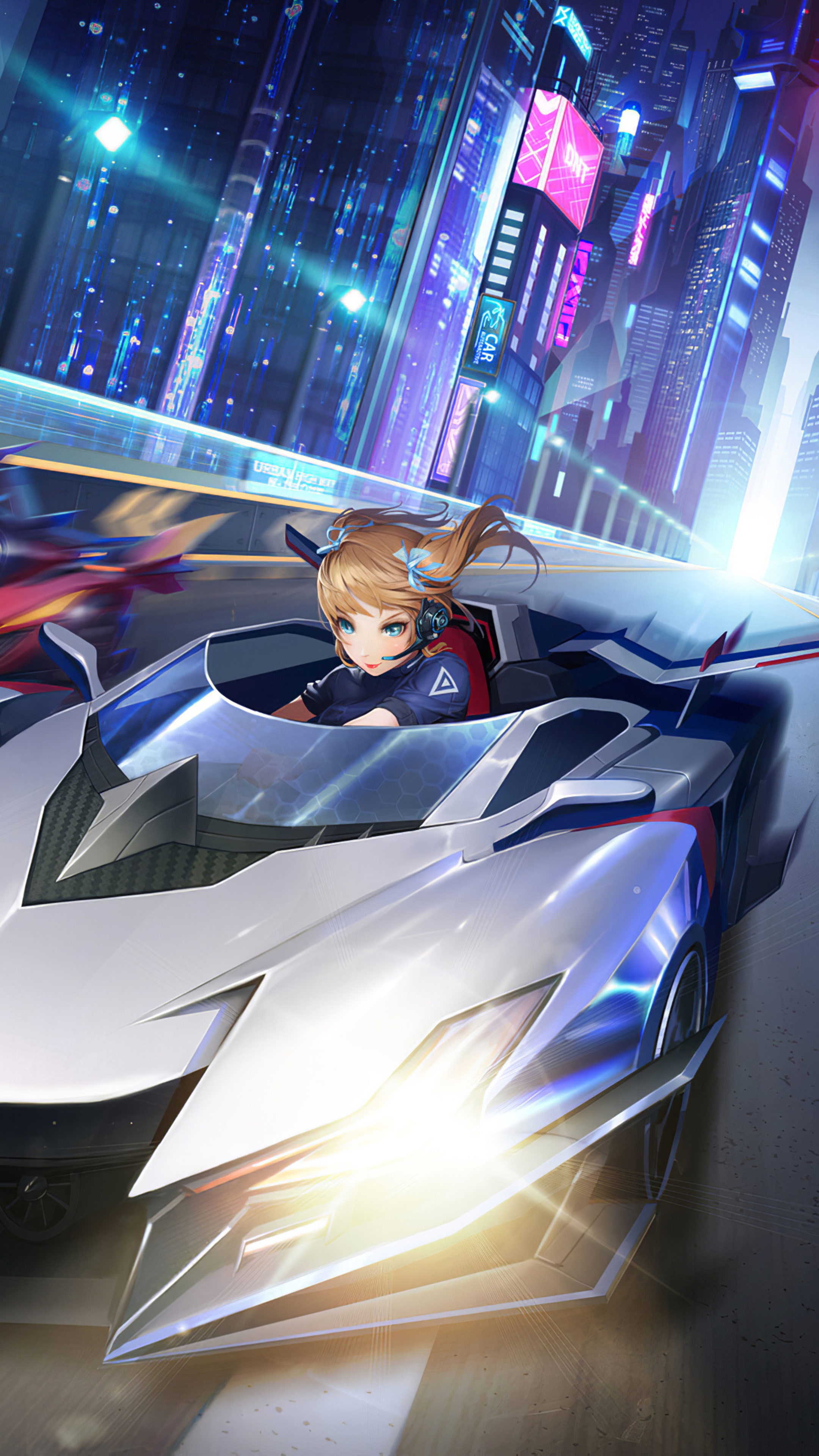 Anime girl racing a futuristic car in a neon city HD Phone Wallpaper