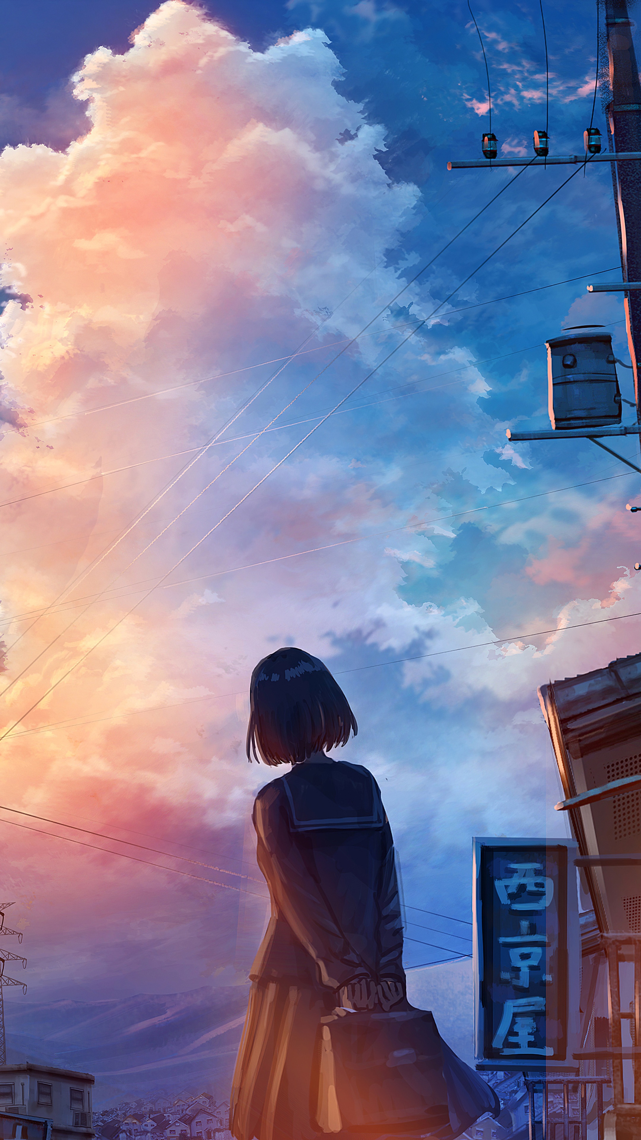 Anime girl in school uniform looking at the sky HD Phone Wallpaper
