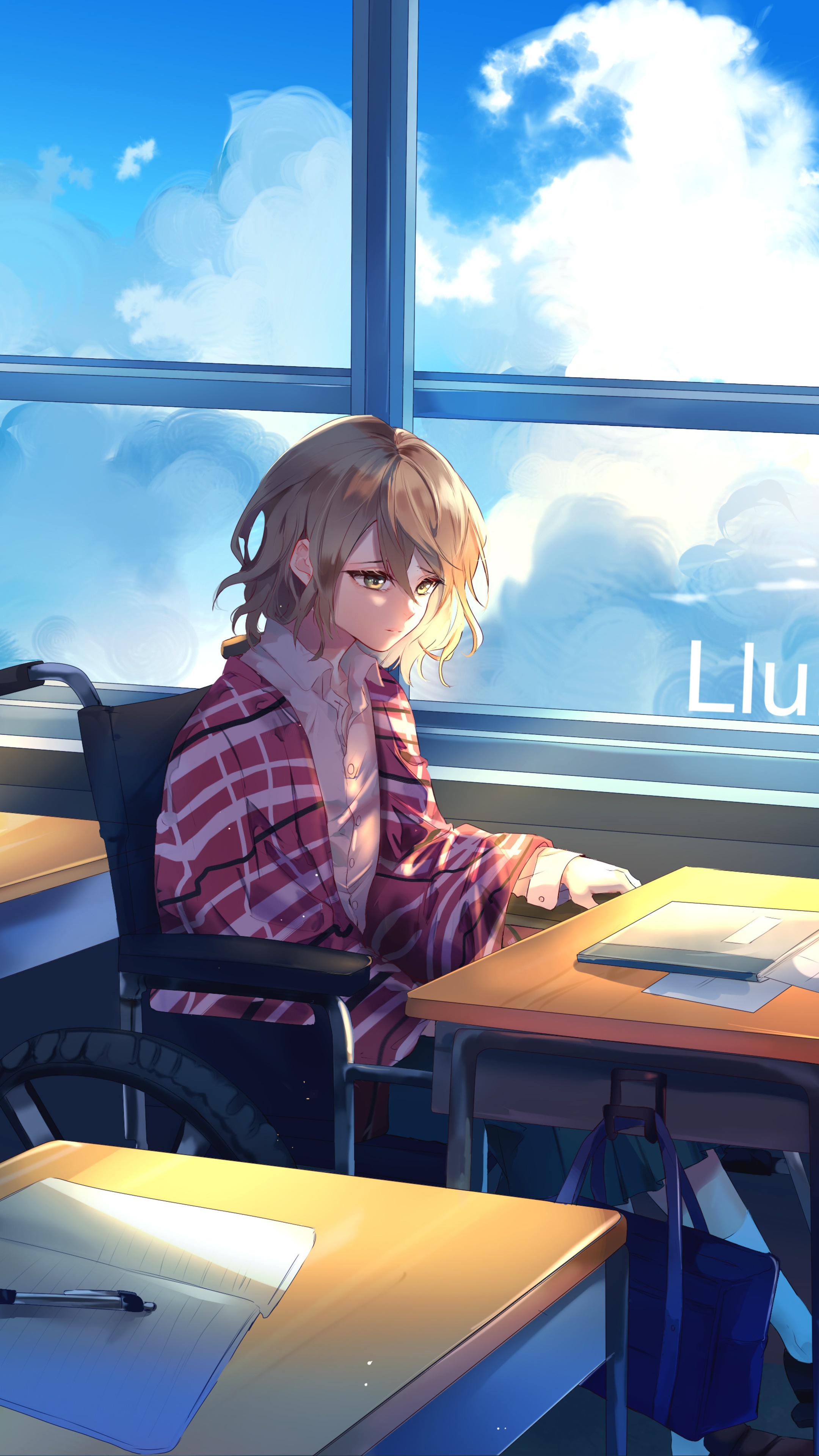 Anime girl in wheelchair by window HD Phone Wallpaper