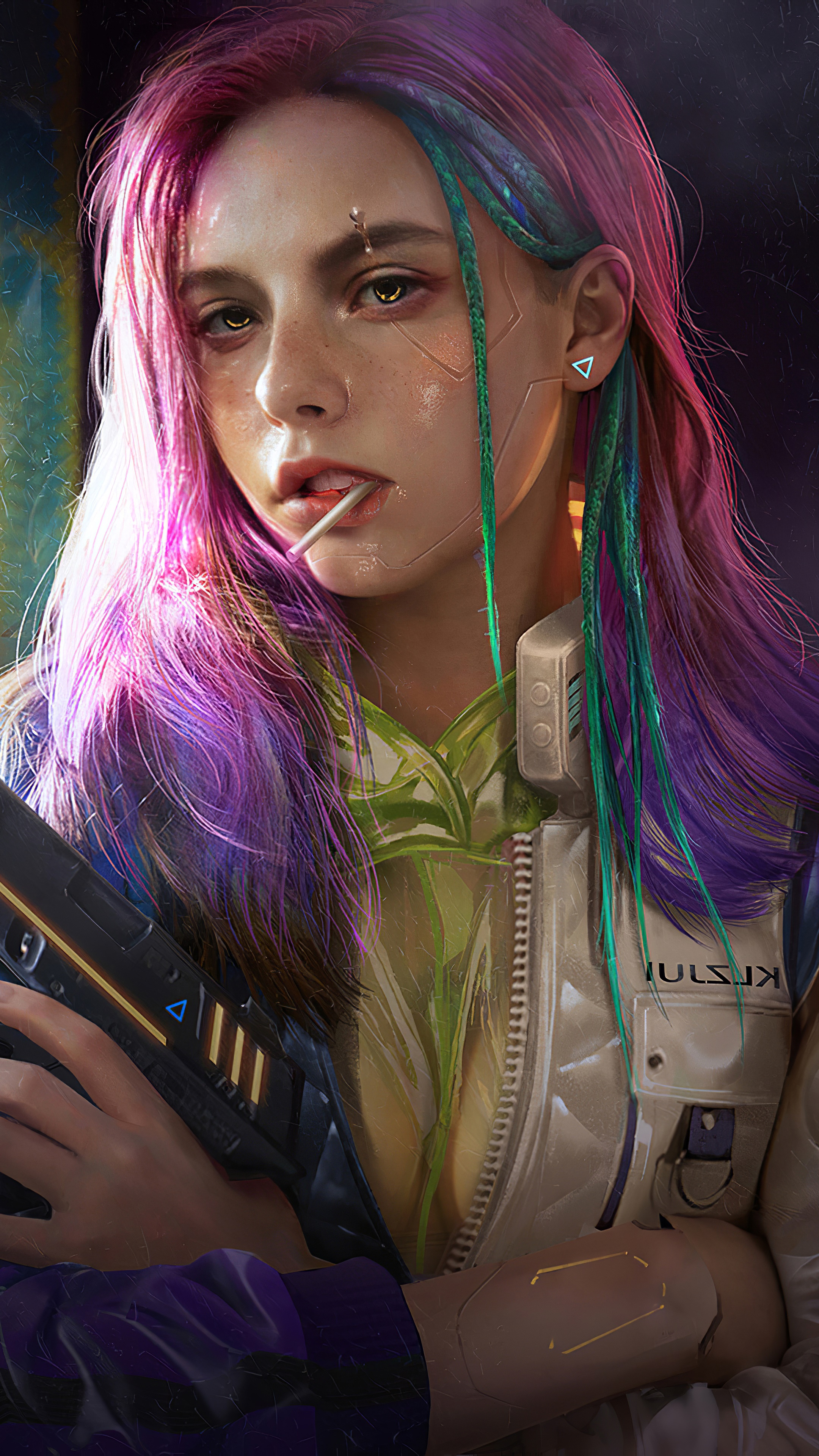 Cyberpunk girl with lollipop and gun HD Phone Wallpaper