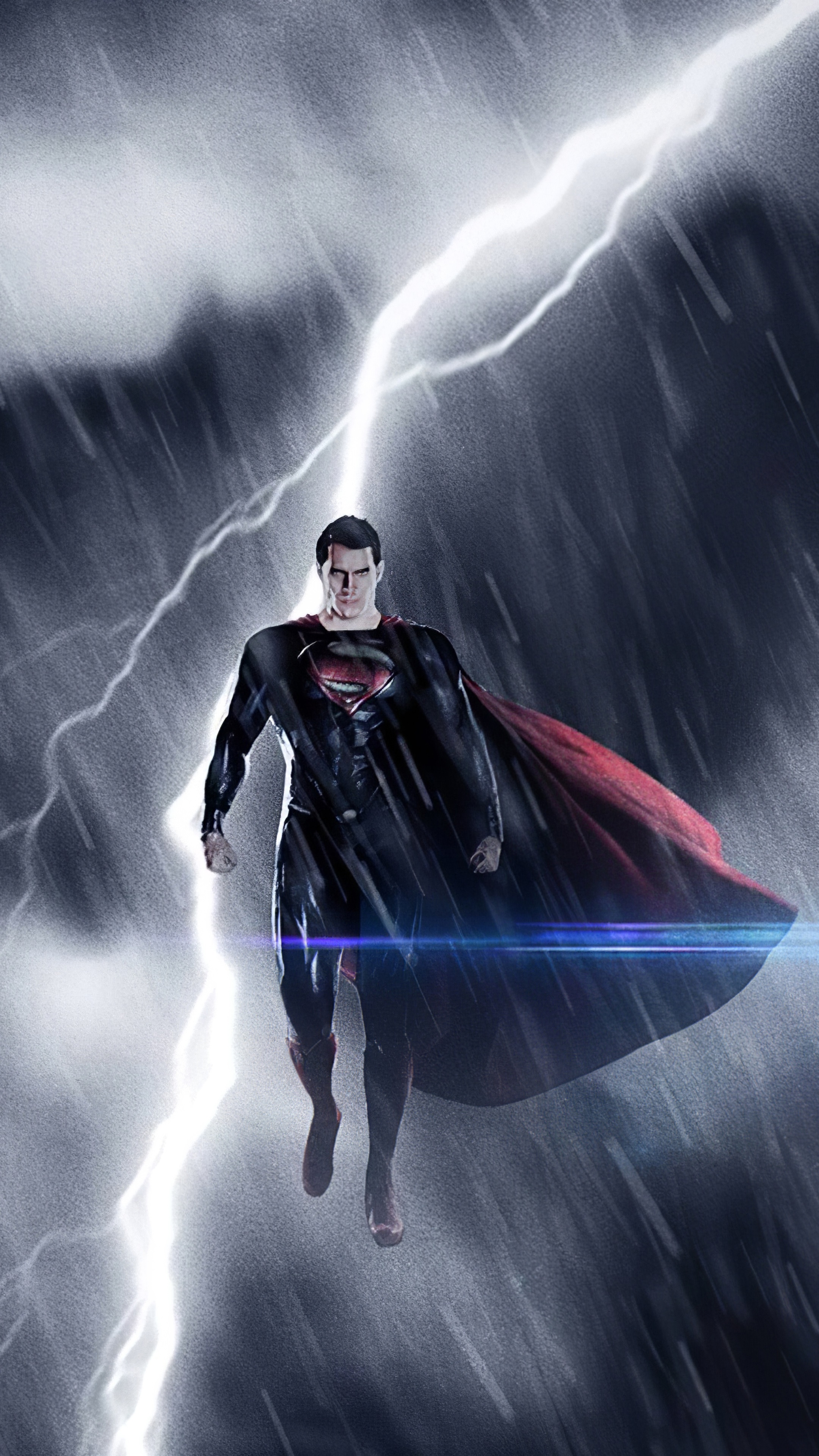 Superman flying through a thunderstorm HD Phone Wallpaper