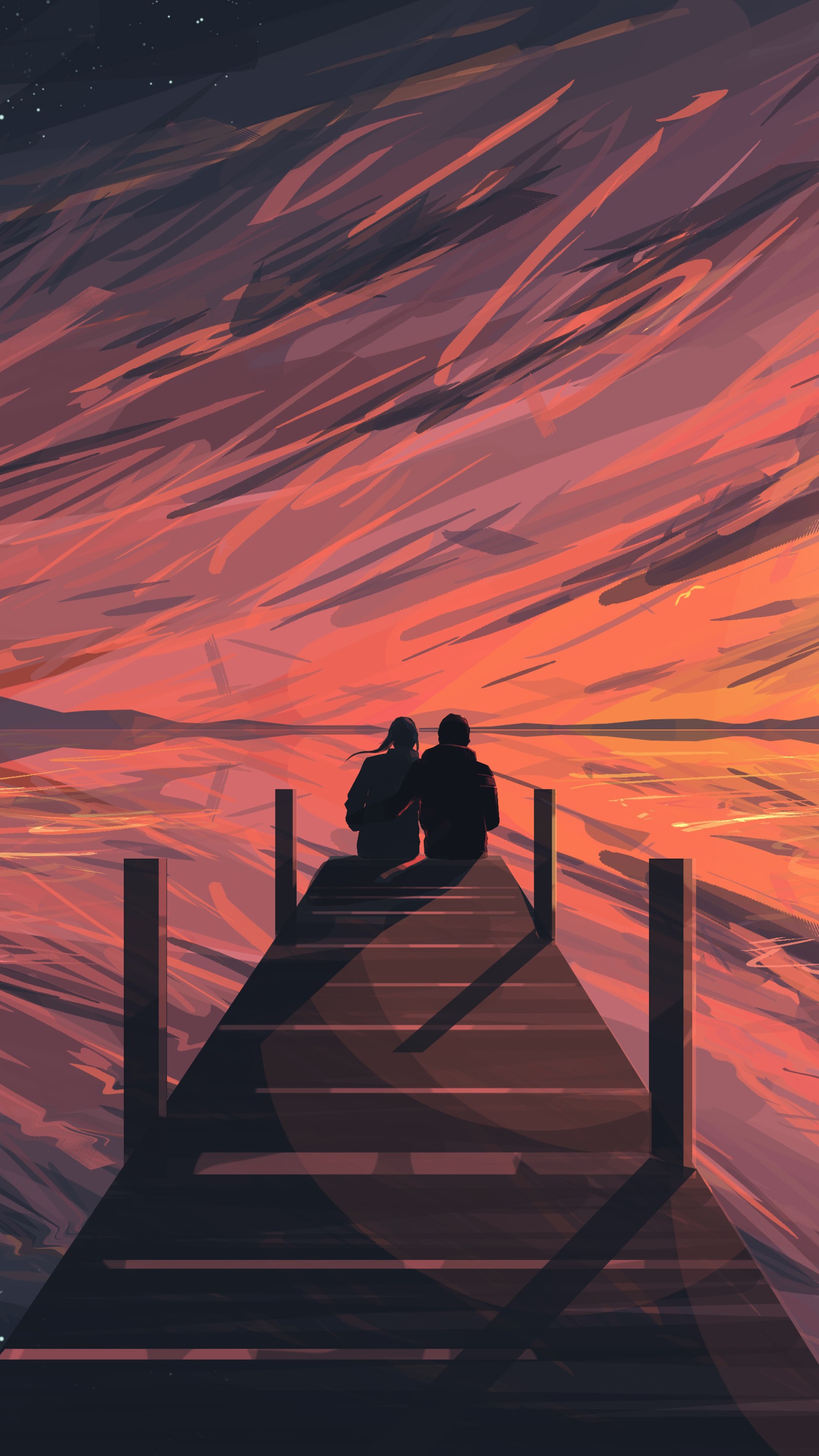 Couple sitting on a dock at sunset HD Phone Wallpaper