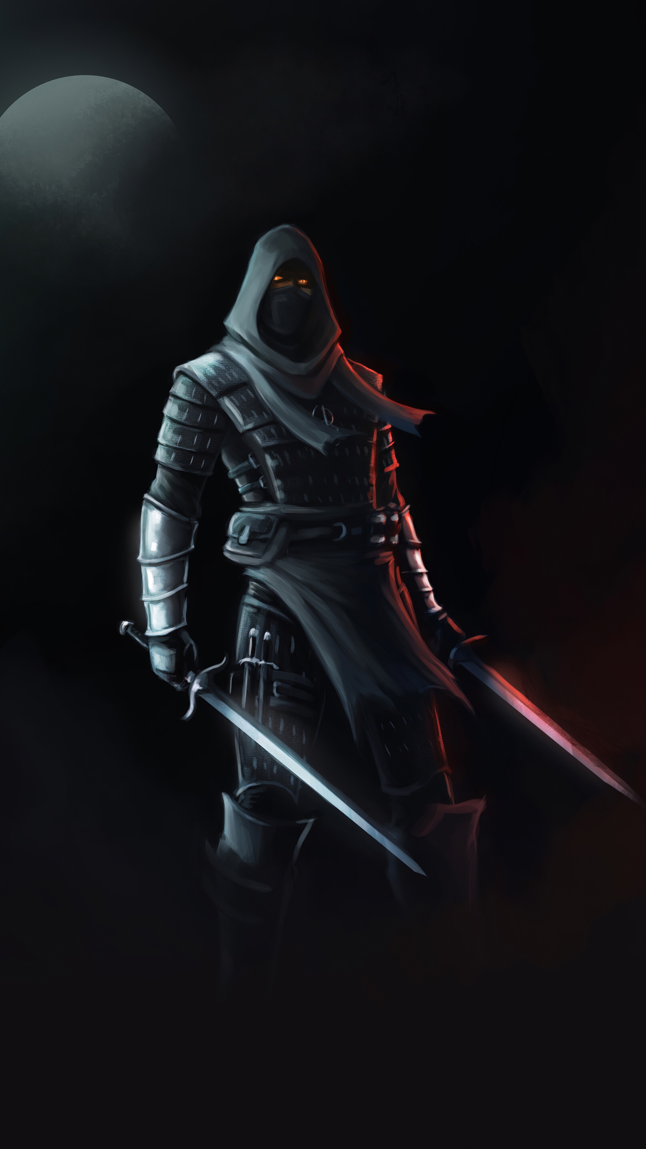 Assassin with swords and hood in darkness HD Phone Wallpaper