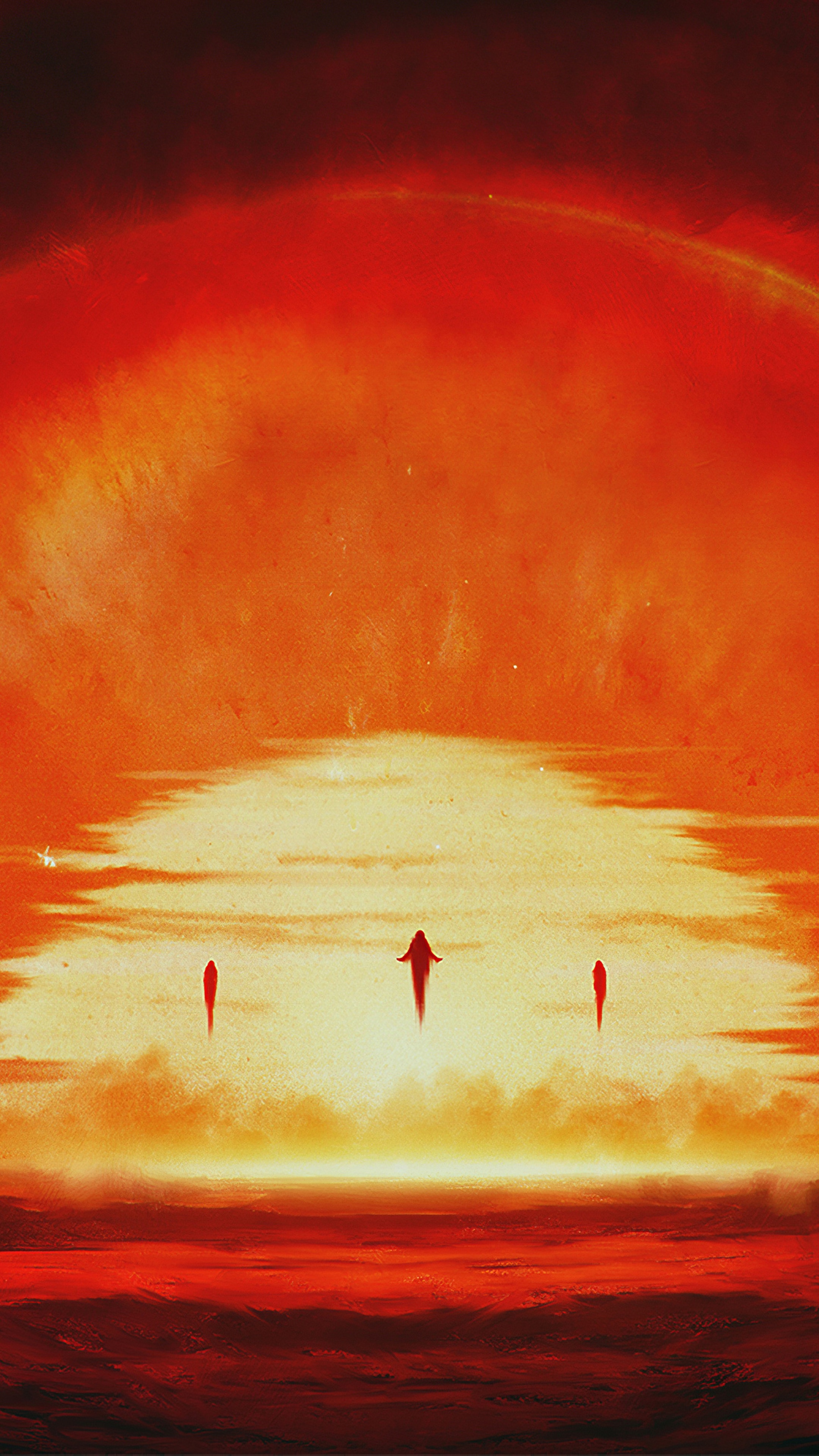 Three figures ascend into a fiery sky HD Phone Wallpaper